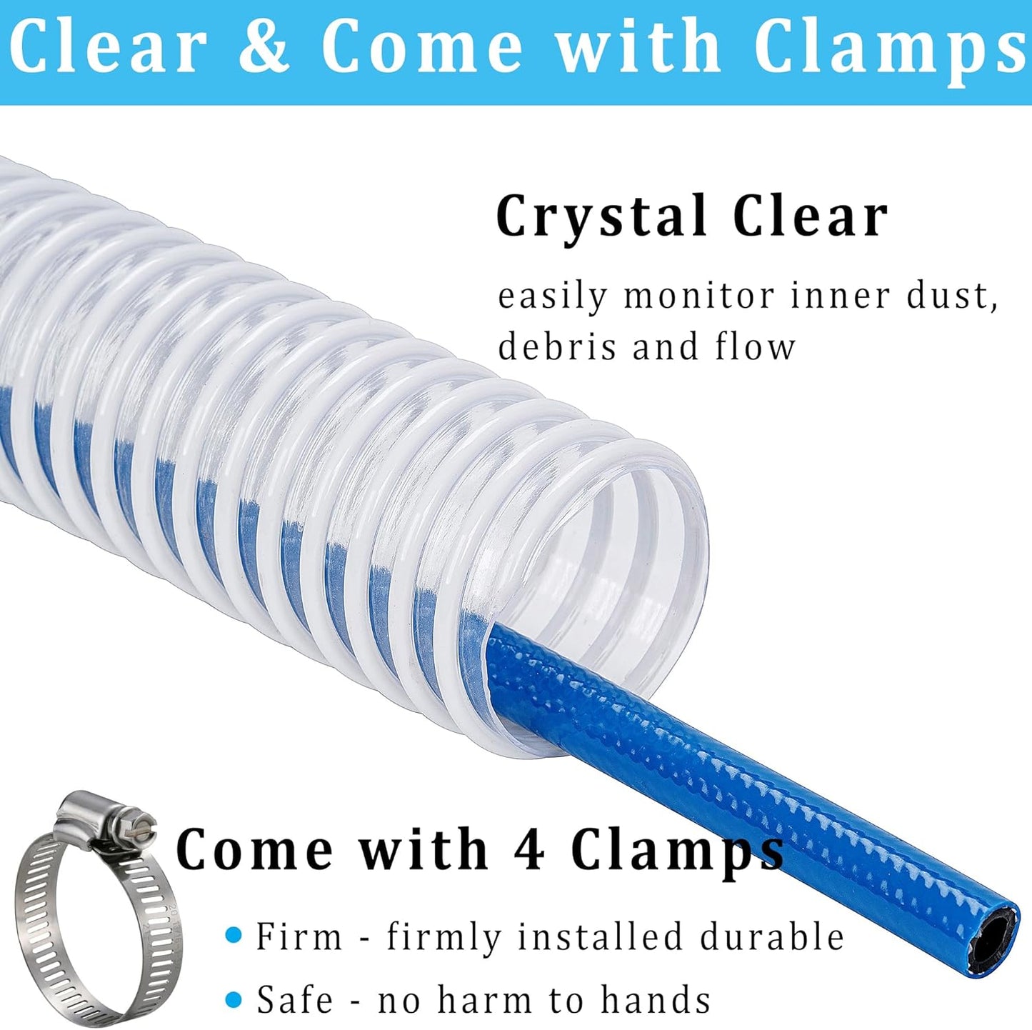 Dust Collection Hose 1-1/2 in × 10 ft Heavy Duty Clear Flexible PVC Reinforced Thicken Helix Suction Discharge Corrugated Pipe Hose for Fume Dust Collector Fitting Wood Chip Saw (1.5 inch 38mm hose)