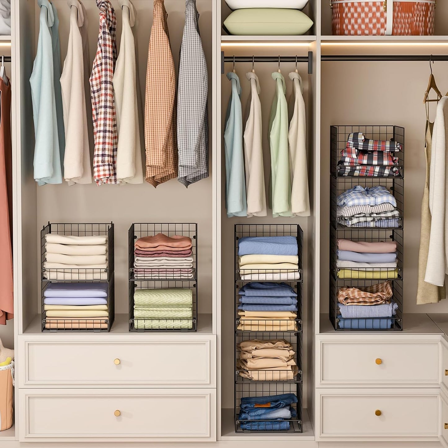 4-Tier Stackable Closet Organizers and Storage Shelves, Foldable Closet Shelf Organizer System, Stackable Storage Bins Drawers for Closet Organizer System, Black(Patent Pending)