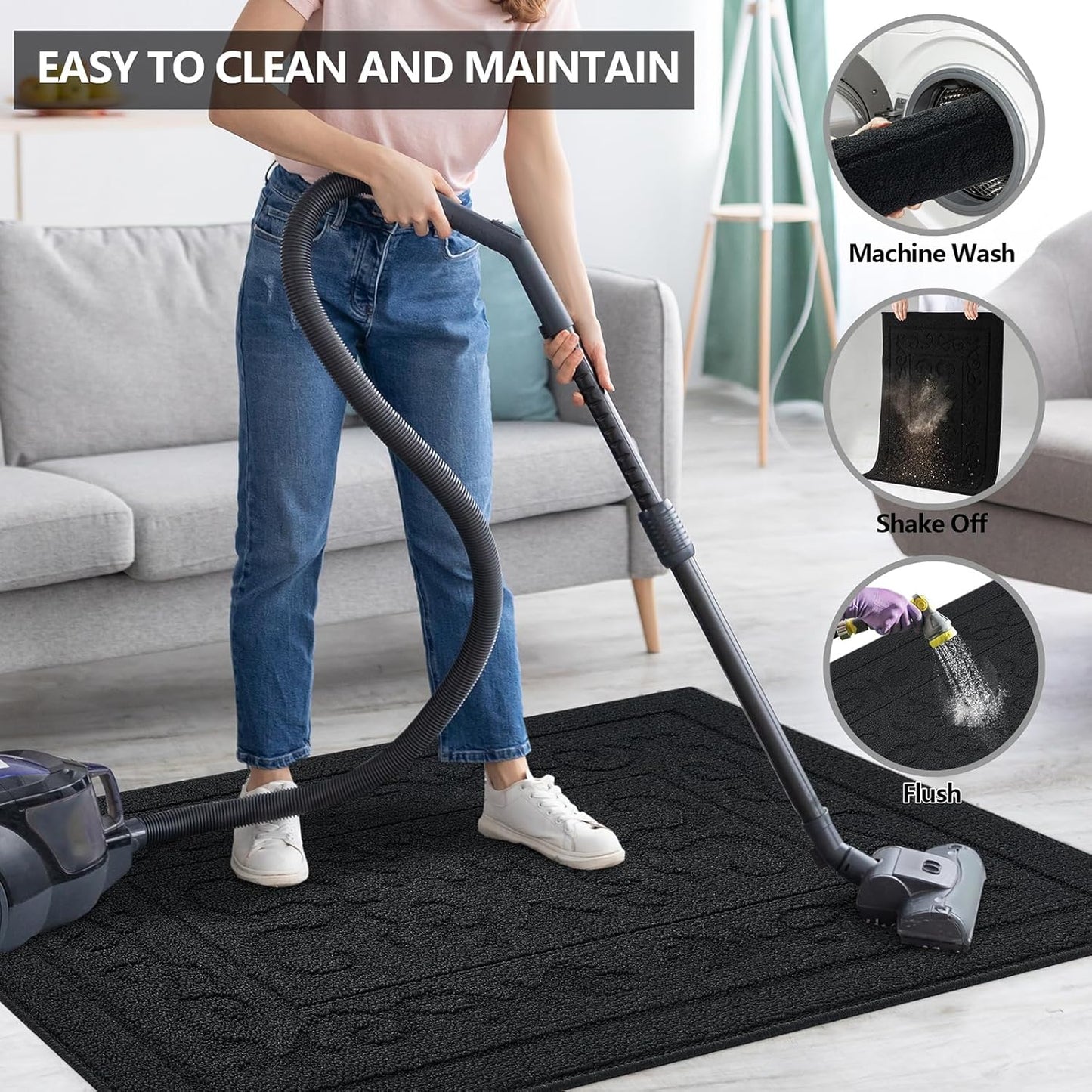 FONEYI Indoor Door Mat 36" x 59", Dirt Trapper Door Mats Non-Slip Entryway Rugs Washable, Absorbent Resist Dirt Welcome Mat, Low Profile Inside Floor Mats for Front Back Door and Entryway, Black