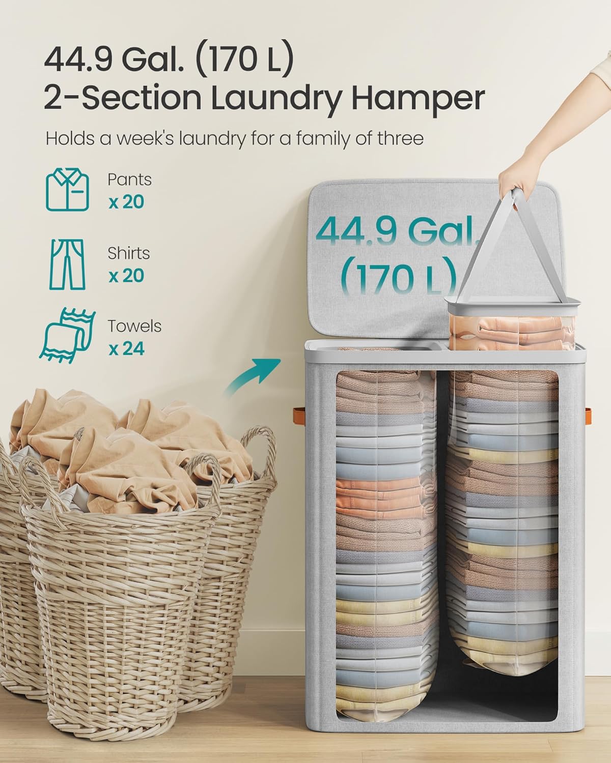 SONGMICS Laundry Basket, 44.9 Gal. Laundry Hamper, 2 Compartments, Easy Assembly, with Lid and Handles, Removable Inner Bags, 22 x 15.7 x 29.5 Inches, Dove Gray ULCB813G01