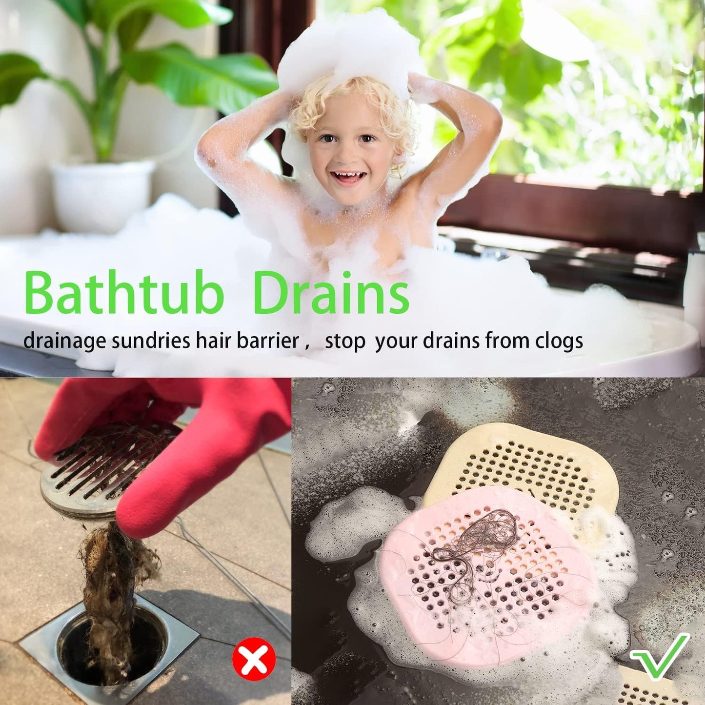 2 Pack Drain Hair Catcher Silicone Drain Cover Sink Drain Strainer Hair Stopper for Shower Kitchen Bathroom Tub Pure White