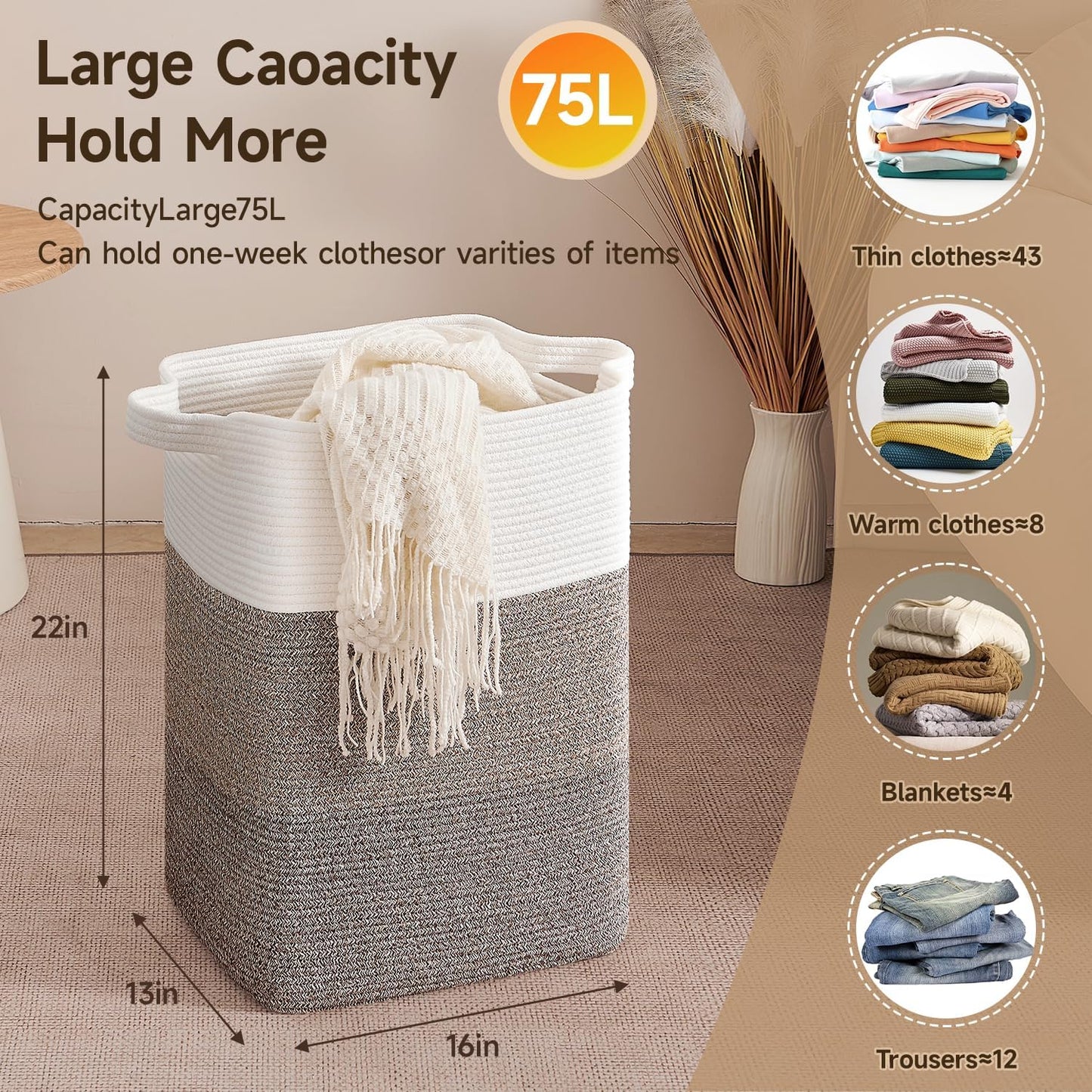 CLHMILY&Z 75L Laundry Hamper Rectangular Cotton Rope Basket - 16x13x22 Inches - Durable and Soft Storage Bin for Clothes, Toys, and Nursery Essentials, Brown & White