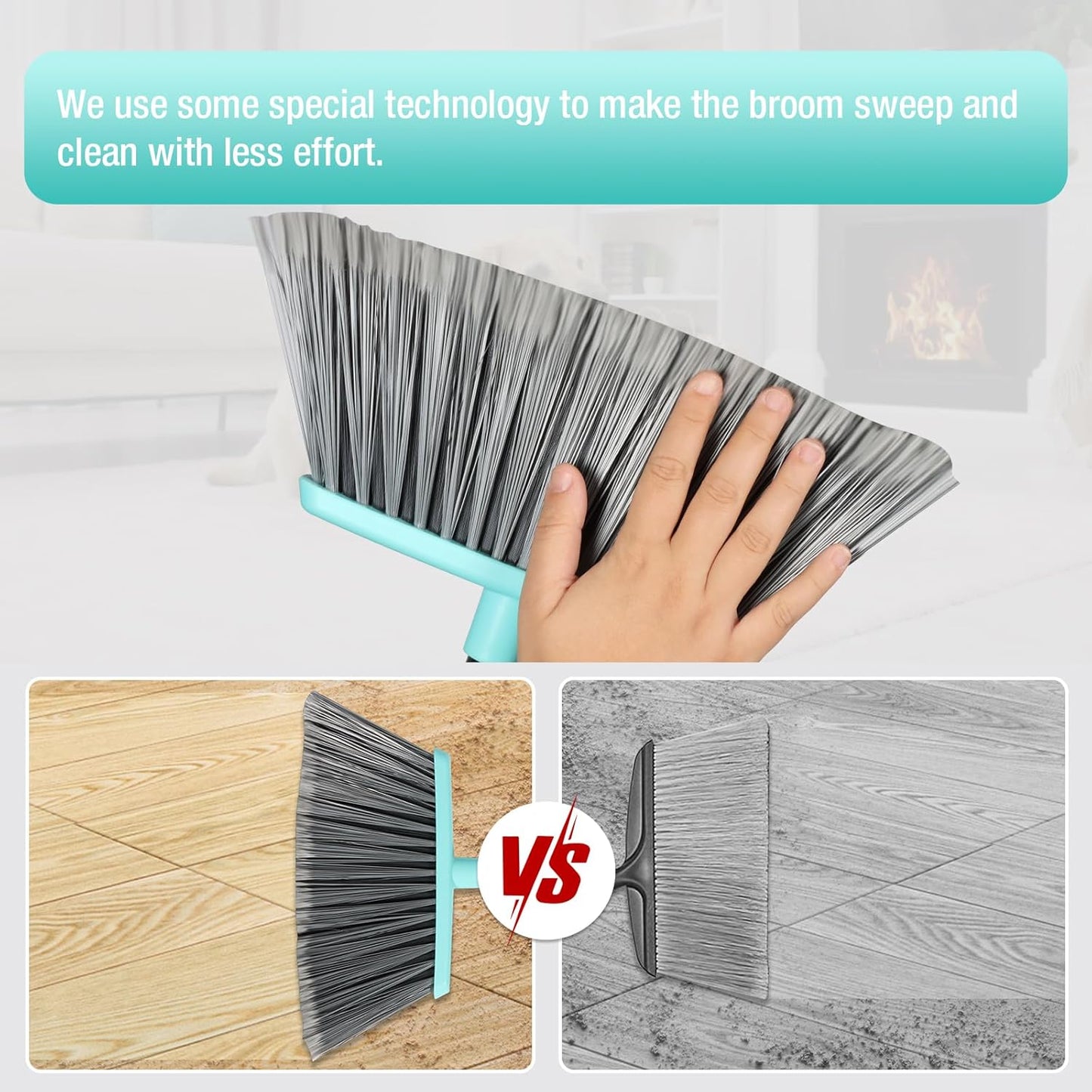 Broom with Dustpan Combo Set,Pet Hair Rubber Broom with Carpet Rake and Squeegee,Long Handle Broom with Upright Standing Dustpan for Indoor Cleaning (Broom and Rubber Broom)
