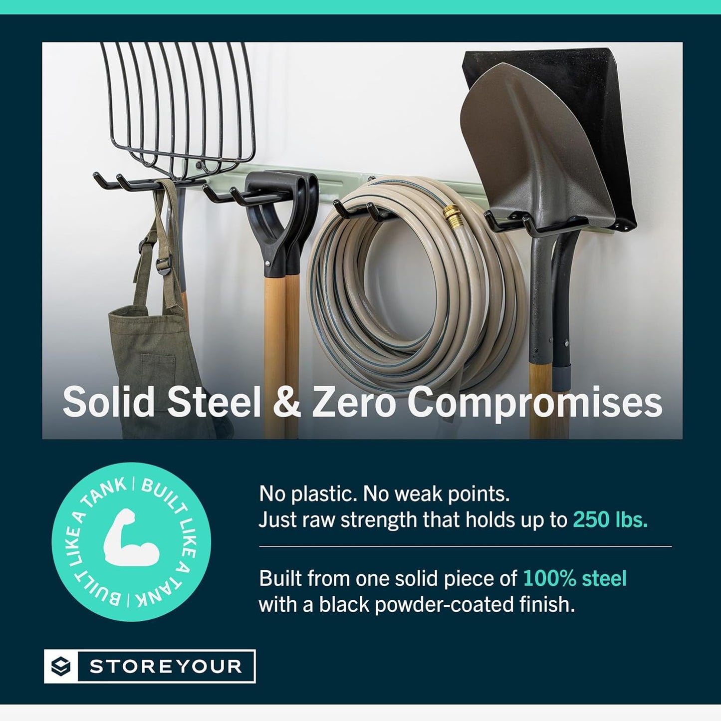 StoreYourBoard Wall-Mounted Rack With 4 Garage Hooks – Heavy-Duty Steel Holder Garage & Garden Storage for Shed, Workshop, or Home Organization – For Rakes, Shovels, Tools & More – 1 Pack, Cactus