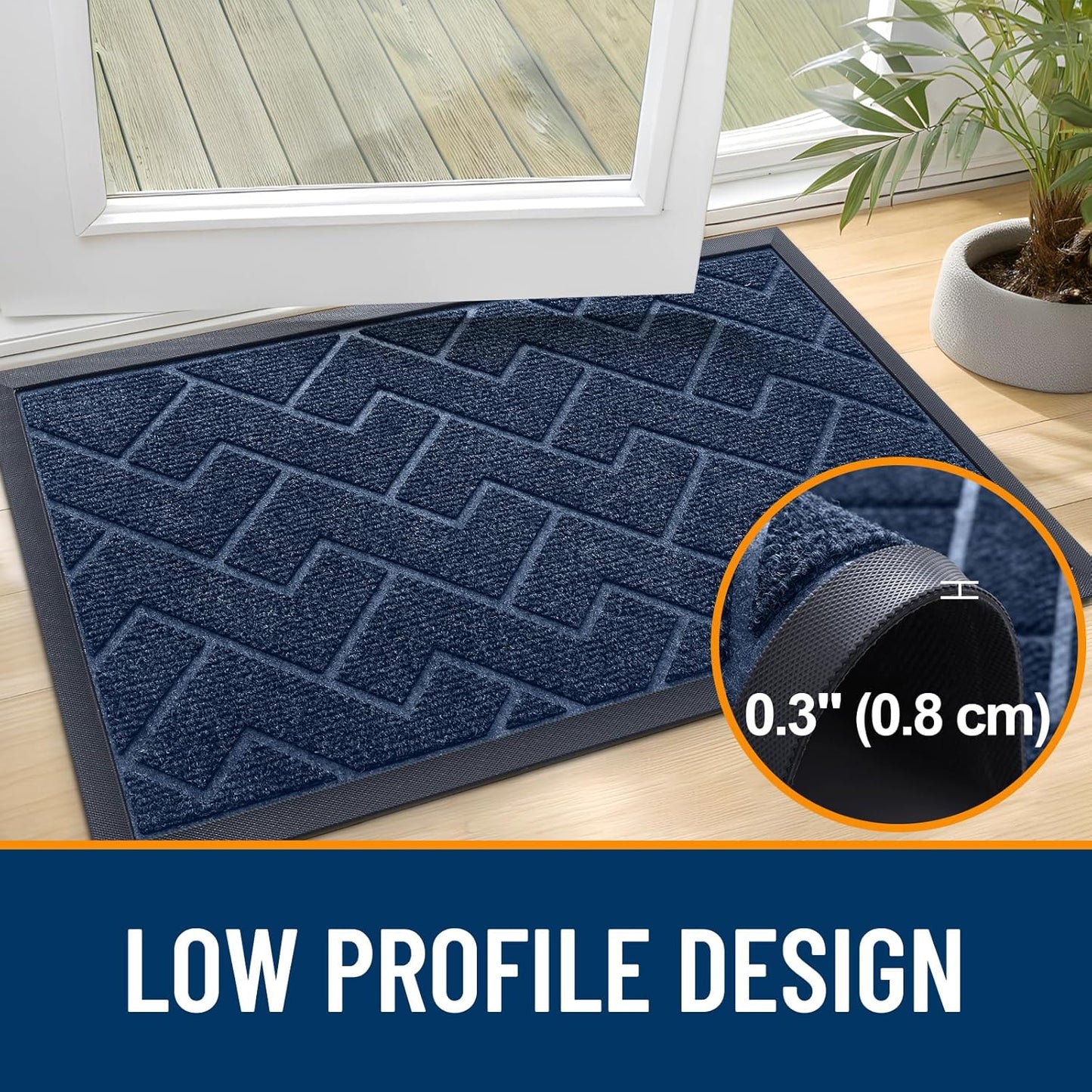 OLANLY Front Door Mat Indoor Outdoor Entrance, Waterproof All-Season, All-Weather Doormat, Sturdy Natural Rubber, Low Profile, Easy Clean Patio Porch Entryway Mat, Herringbone Brick (Blue, 47x23)