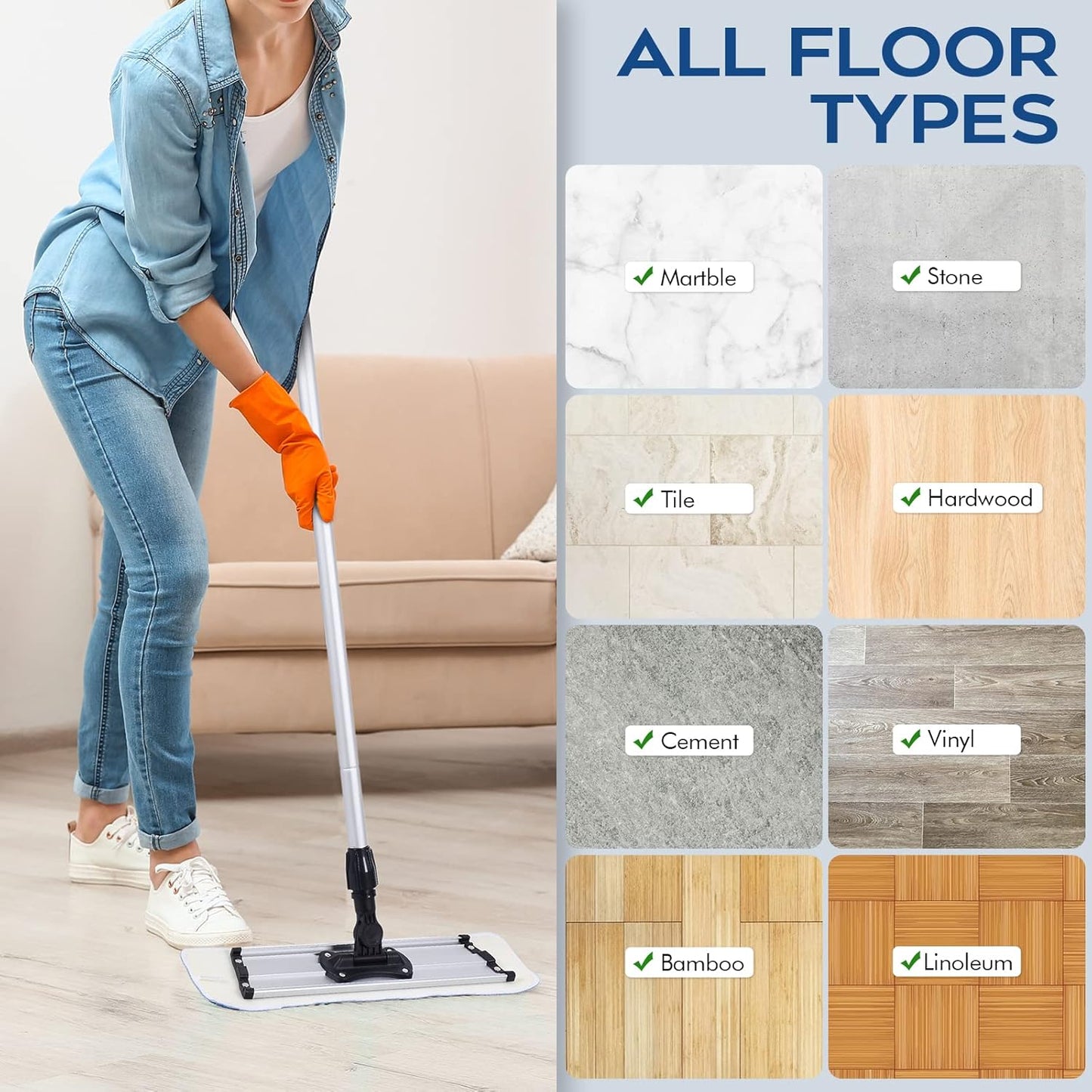 MATTHEW 18'' Microfiber Spray Mop Replacement Pads Heads for Wet Dry Reusable Mops Floor Home Commercial Cleaning Refills, Machine Washable Fits Compatible with Bona Mop&Most Spray Mops Blue (12 Pack)