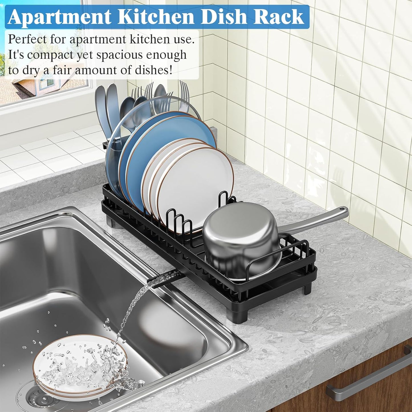 Small Dish Drying Rack, Compact Sink Dish Drainer Plate Rack Organizer with Utensil Holder and Drainbaord for Kitchen Counter, RVs, Apartments