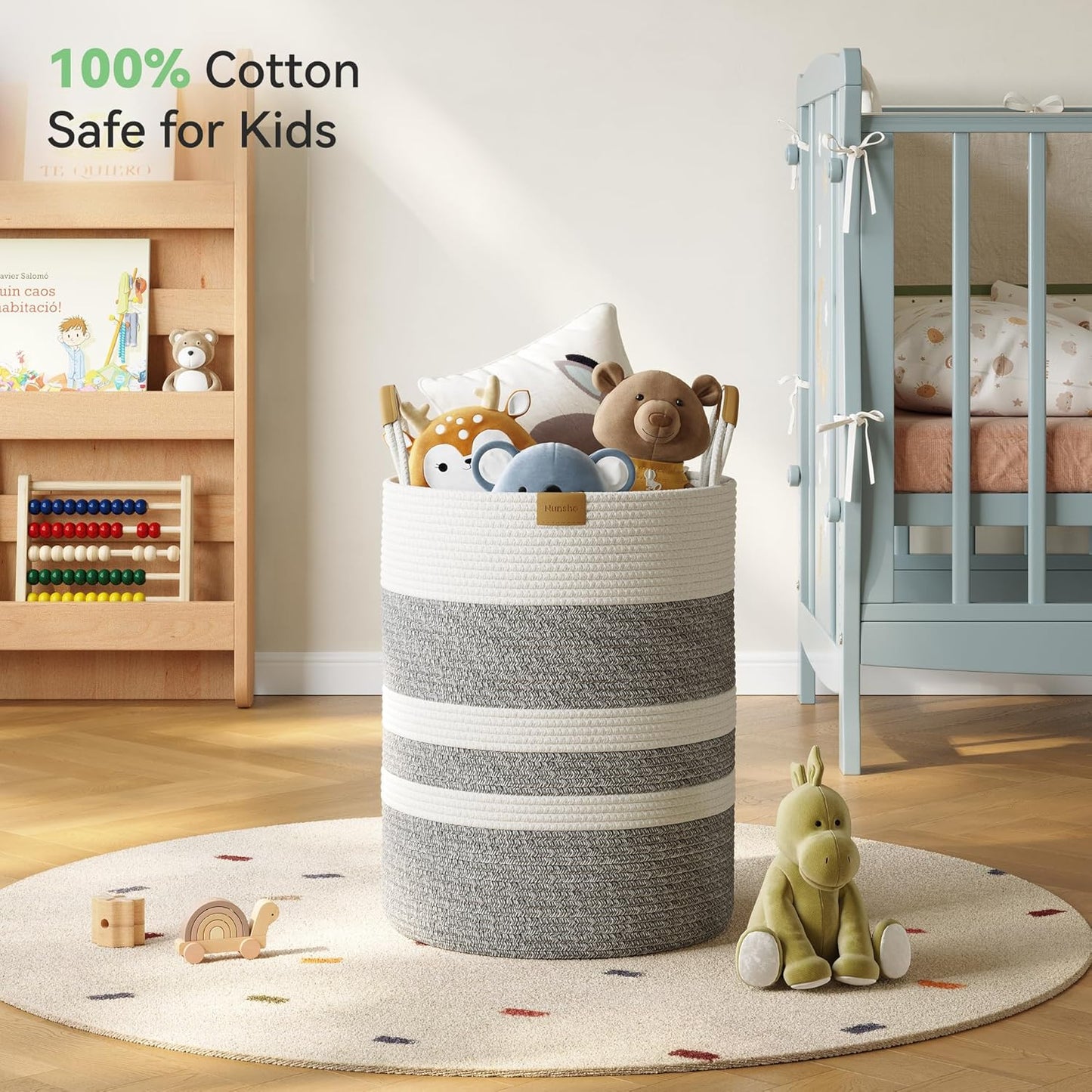 62L Striped Laundry Hamper with Leather Handles,Large Foldable Laundry Basket for Clothes,Cotton Rope Storage Bin for Blankets,Woven Clothes Basket for Bedroom,Gray Stripes