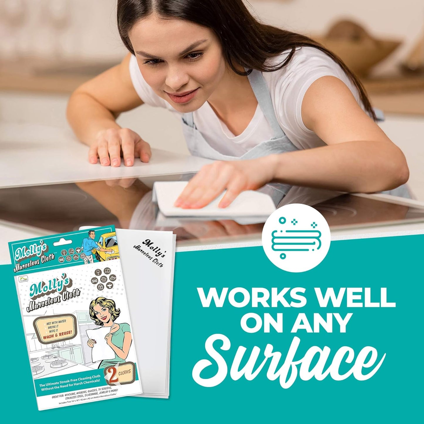 Molly's Marvelous Cloth, Streak-Free, Lint-Free Microfiber Cleaning Cloth, Polishing Cloth for Glass, Stainless Steel, Use for Kitchen, Bath, Cars, Detailing, Reusable(17" by 16") (2pk, White)