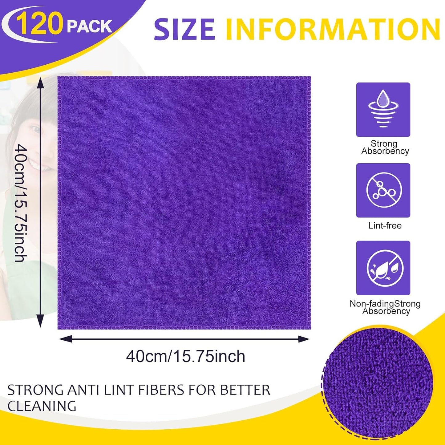 Nuenen Microfiber Cleaning Cloths for Cars 16 x 16 Inch Ultra Absorbent Car Towels Drying Reusable Cleaning Supplies House Kitchen Window Microfiber Towel(Purple,120 Pcs)