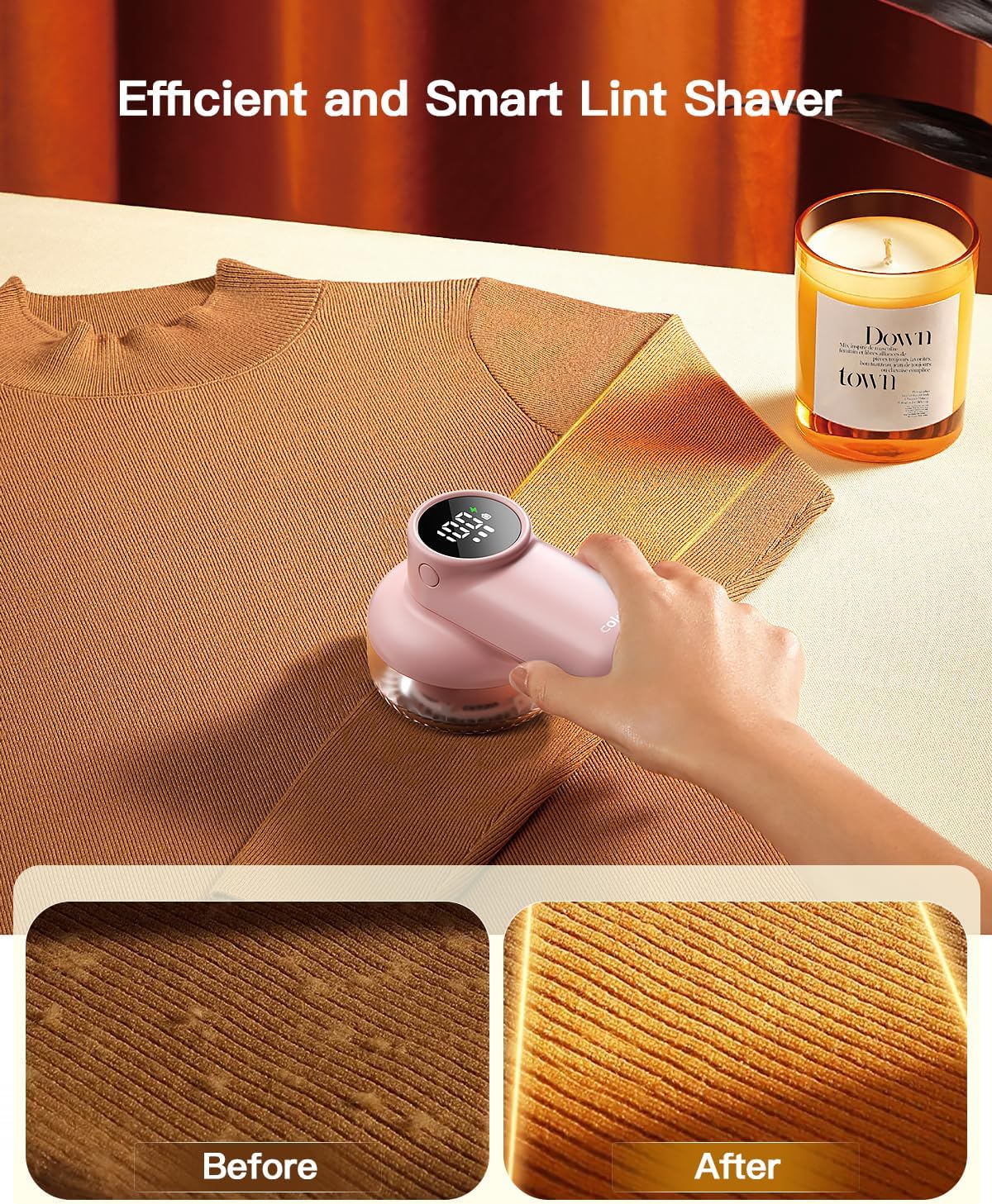 coldSky Rechargeable Fabric Shaver, Lint Shaver with Digital Display, Sweater Shaver with 6-Leaf Blades and Safety Lock, 3-Speeds Defuzzer Remove Fuzz, Pills from Clothes, Furniture, Sofa, Pink