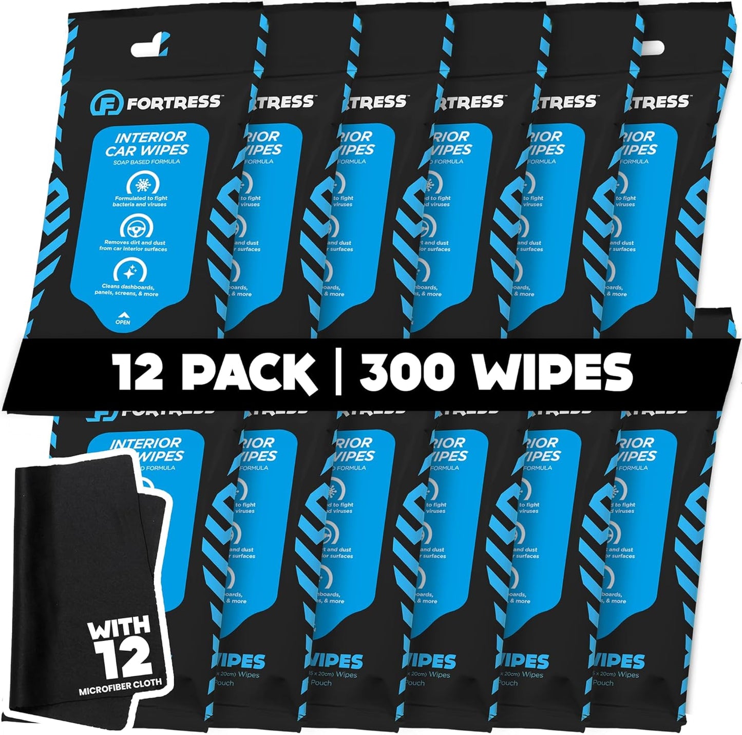Fortress Car Interior Wipes with Microfiber Cloth (25 ct, Pack of 12) for Car Interior Cleaning, Dashboard, Seats, Detailing, and Steering Wheel [Travel Size] Skin-Safe Car Interior Cleaner Supplies
