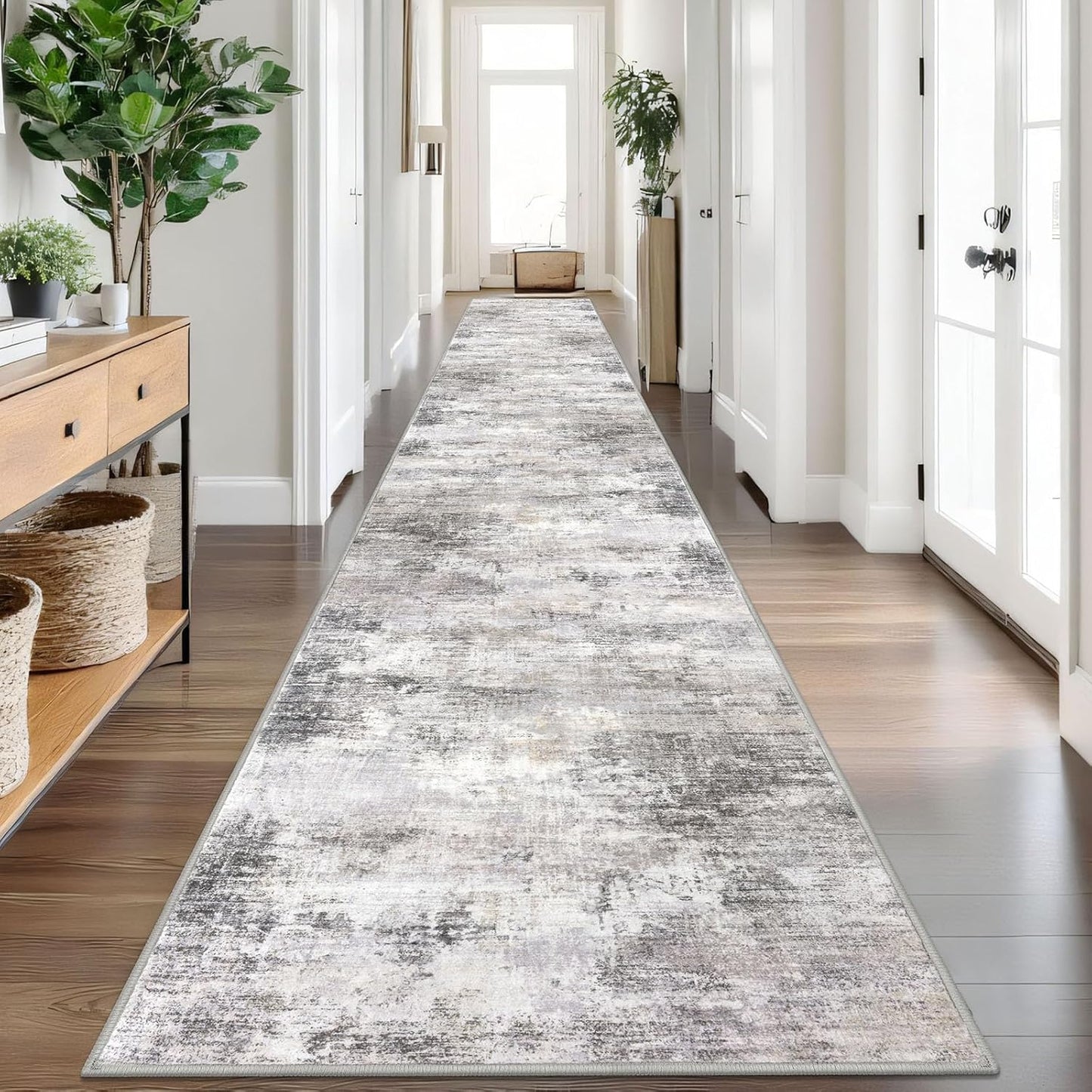 IOHOUZE Abstract Runner Rug 3x20 Ft Extra Long Washable Runners for Hallways, Non Slip Kitchen Runner Printed Faux Wool Entryway Runner Indoor, Modern Abstract Floor Carpet for Hall Stair, Grey Beige