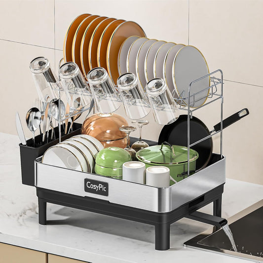 2 Tier Dish Drying Rack, Thicker Premium 304 Stainless Steel Dish Racks for Kitchen Counter, Automatic Drainage Spout, Dish Drainer & Drainboard Set with Utensil Holder and Cup Holder, Black