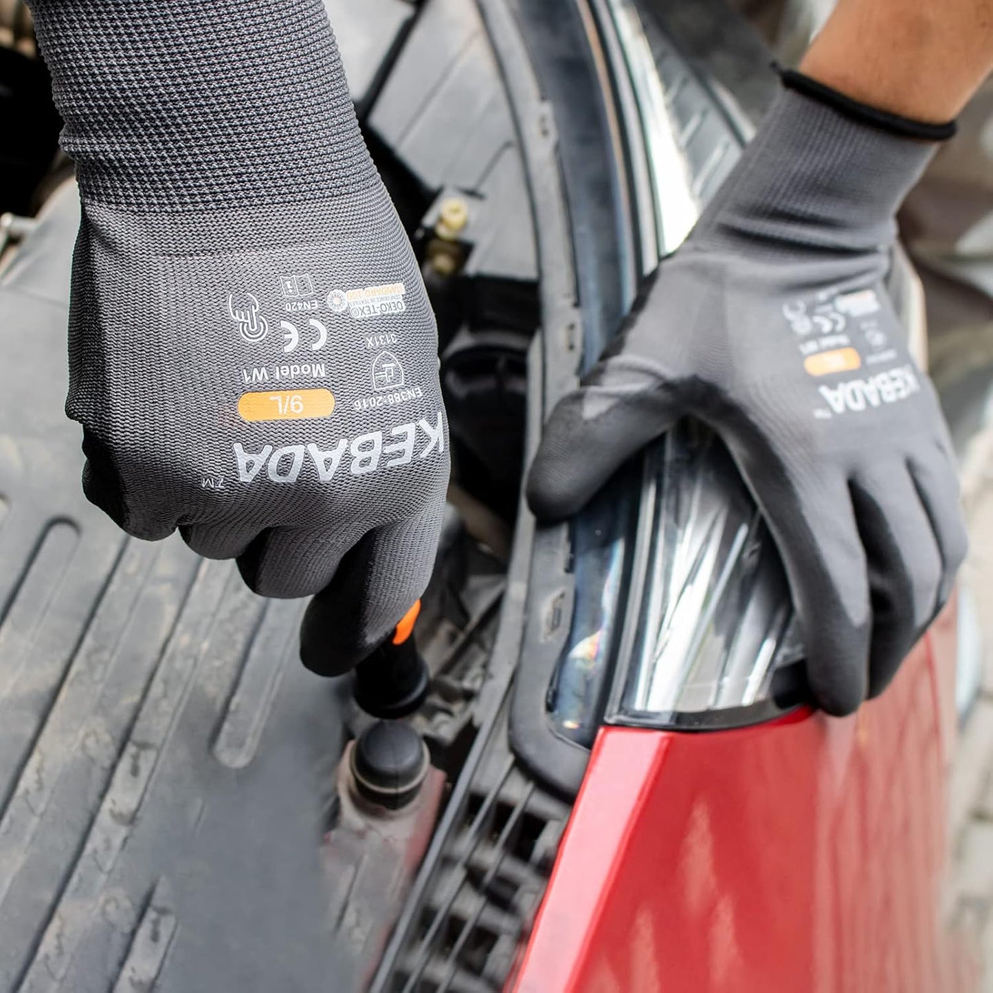 Kebada W1 Work Gloves for Men and Women, Touchscreen PU Coated Gloves with Grip, 50 Pairs Bulk Pack, Ideal for Warehouse Package Handling, Construction, Gardening, Gray X-Large