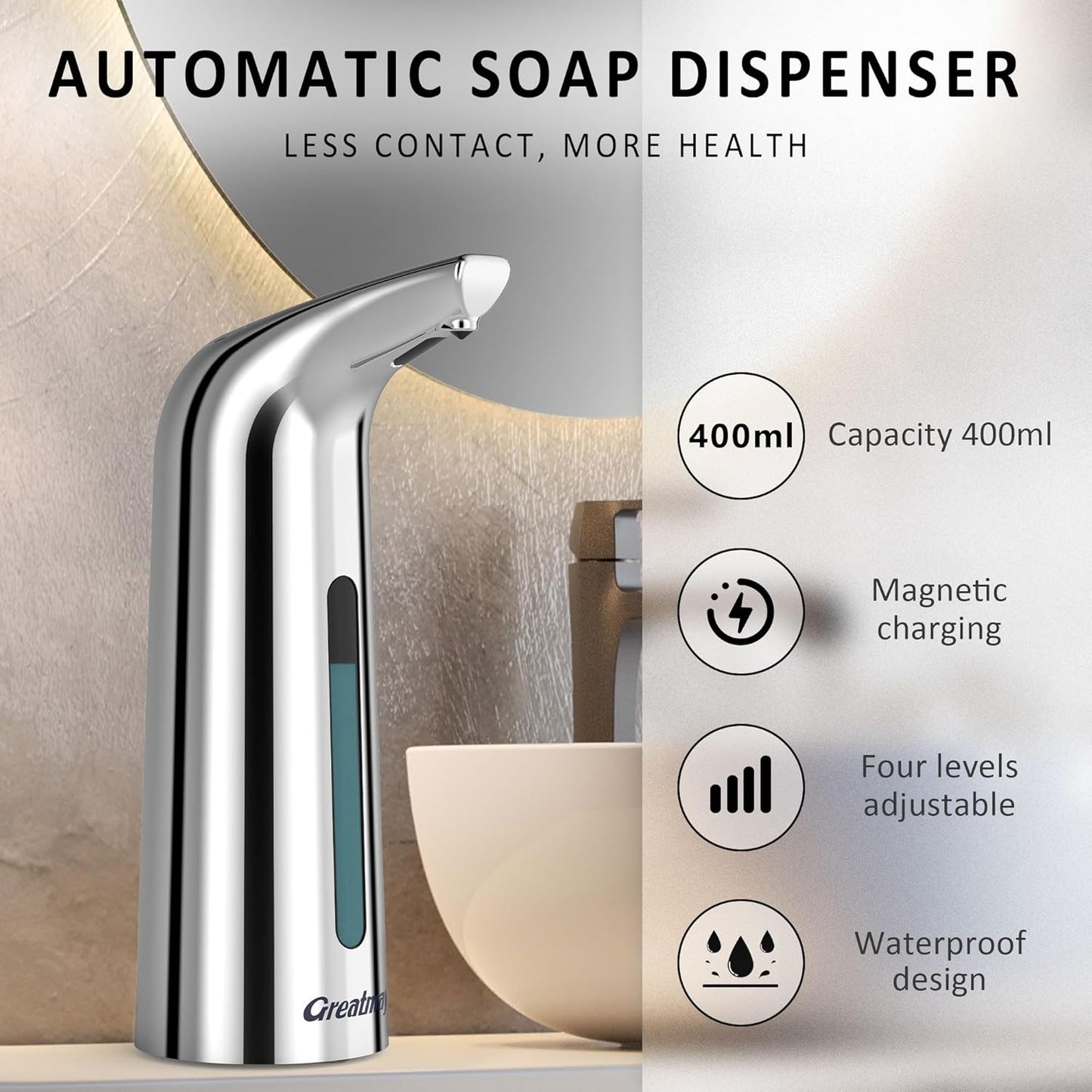 Convenient Automatic Soap Dispenser,4 Adjustable Levels Touchless Hand Sanitizer Pump with Infrared Sensor, 400 ml Countertop Electric Soap Dispenser for Bathroom,Kitchen