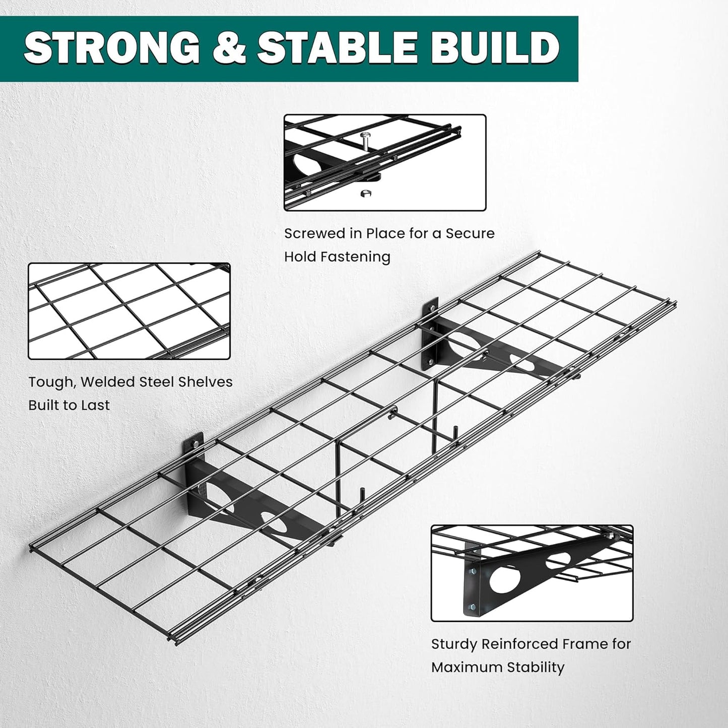 EVERHANGER Garage Wall Shelves, 12 X 48 Inch Wall Mounted Storage Shelves, Heavy Duty Metal Shelving with Hooks, 2 Pack, Black