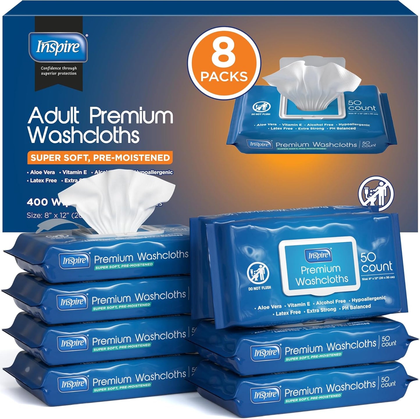 Inspire Adult Wet Wipes, Wash Cloths, Incontinence & Cleansing for Elderly Extra Large, 8"x12" (Pack of 8)