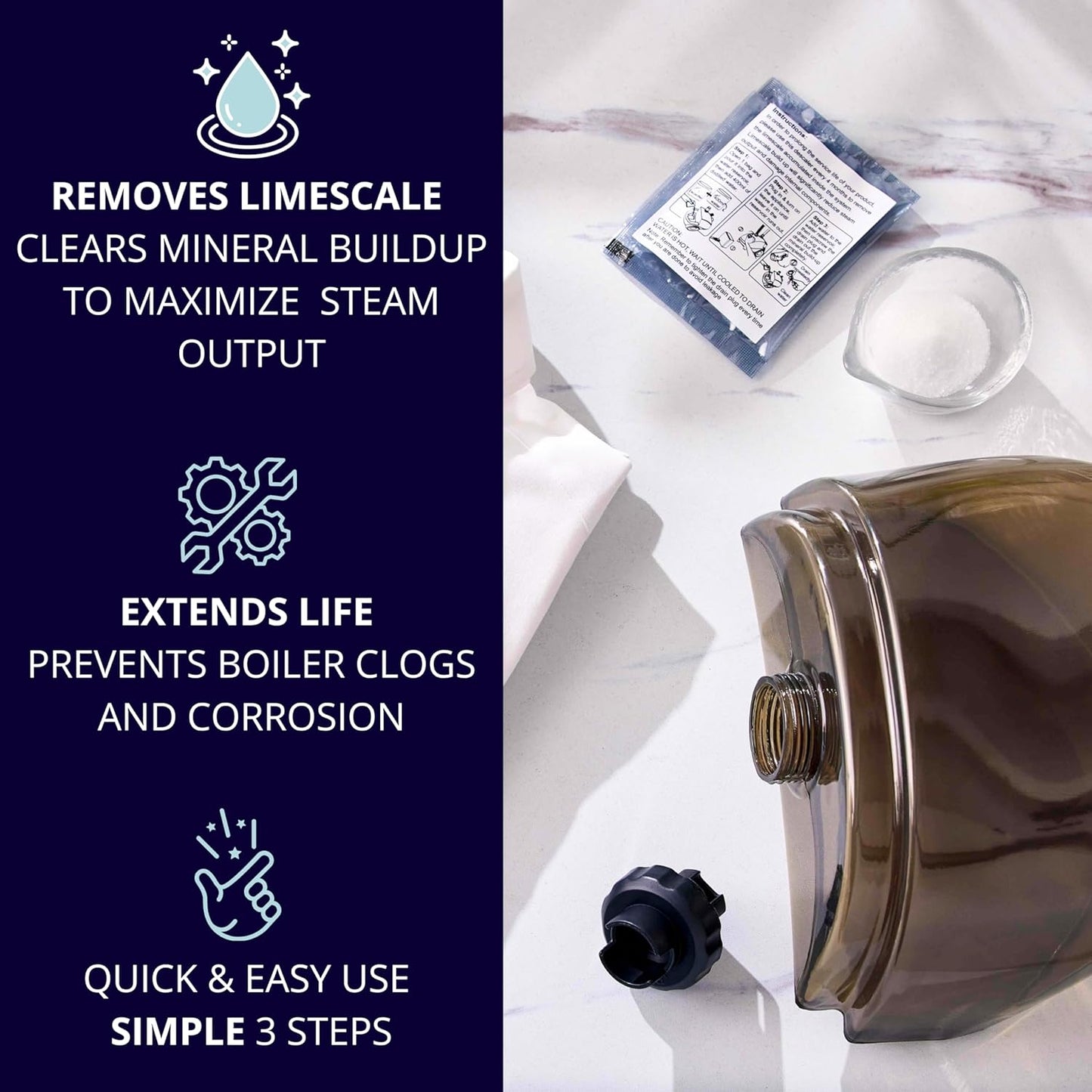 Garment Steamer Descaling Solution Decalcifier Packets for Mineral Deposits and Build-up Removal, Maintenance for Clothes, Works with all Garment Steamer Brands, Cleans Build Up, 5 packs
