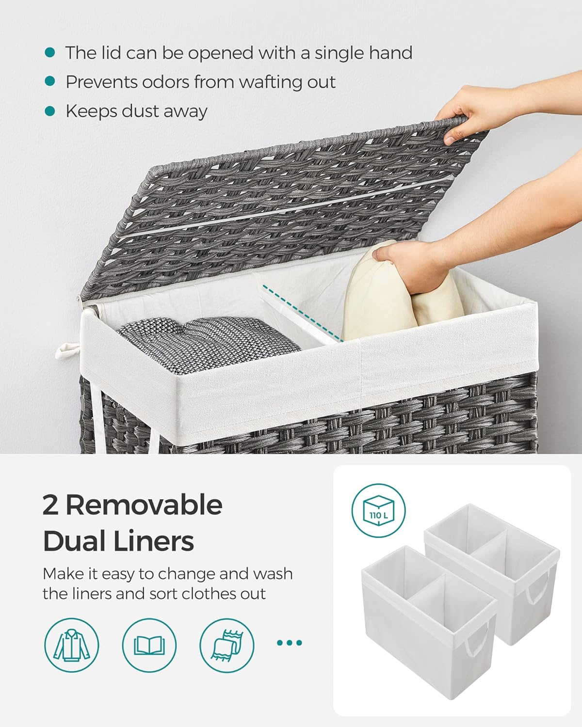 SONGMICS Laundry Hamper with Lid, 110L Clothes Hamper with 2 Removable Liner Bags, 6 Mesh Bags, Wicker Laundry Basket, Double Laundry Hamper for Bathroom, 13 x 22.4 x 23.6 Inches, Gray ULCB52WG