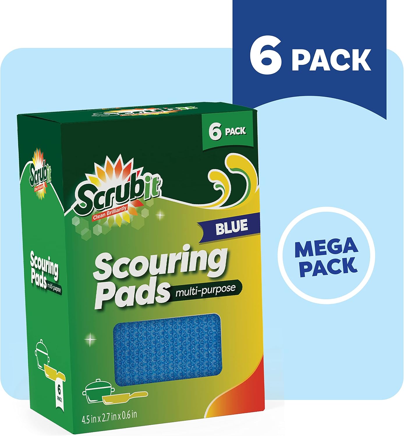 SCRUBIT Multi-Purpose Scouring Pad - Non-Scratch Cleaning Sponges for Pots, Pans, Dishes, Utensils & Non-Stick Cookware - Scrubbing Pads Use for Kitchen, Bathroom - 6 Pack Dish Sponge - (Blue)