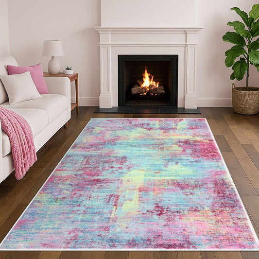 IOHOUZE Abstract Area Rugs 5x7 Ft Washable Rugs for Living Room, Non Slip Dining Room Rug, Printed Faux Wool Rugs for Bedroom, Floor Carpet for Office Nursery Playroom, Pink Teal