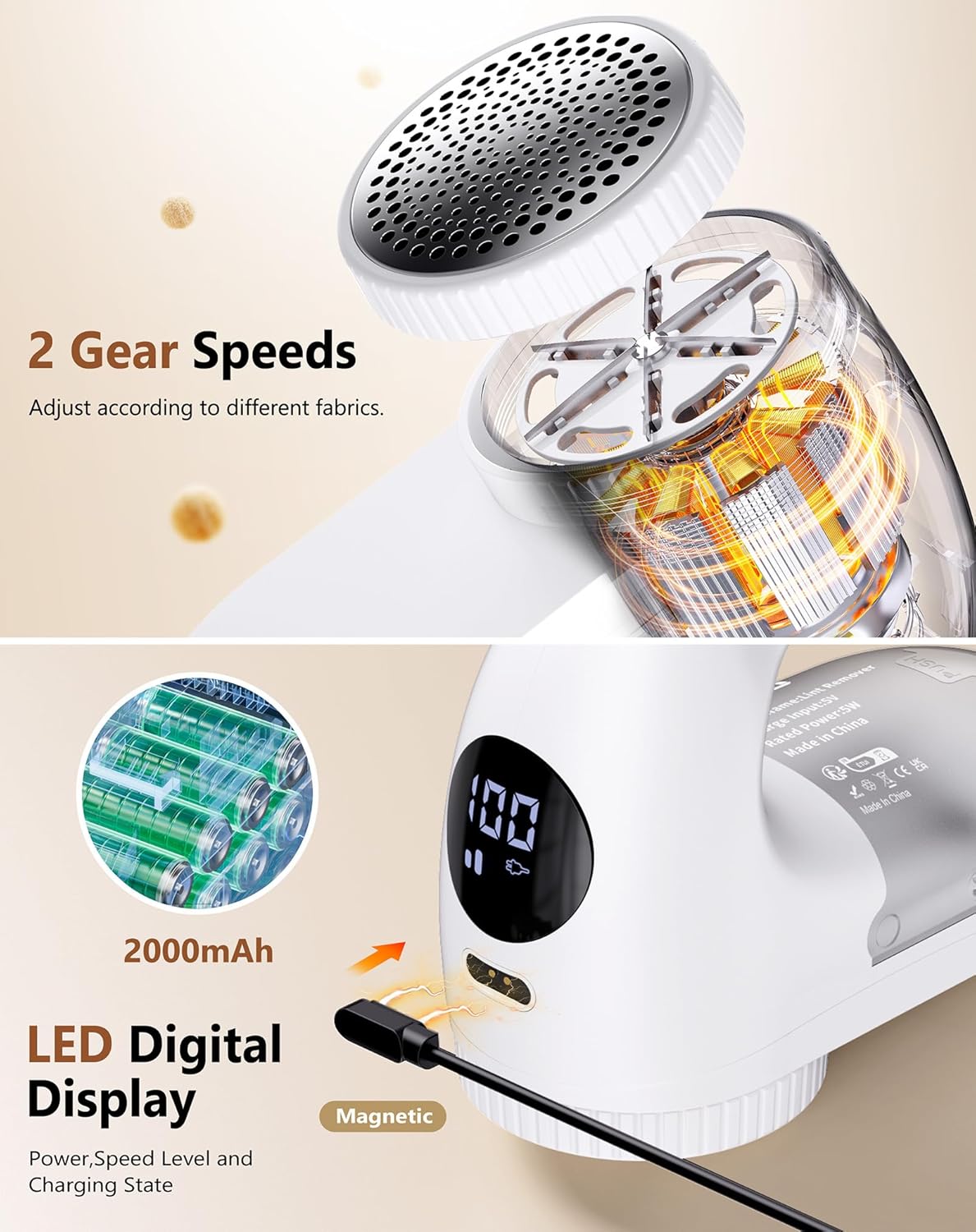 IPX6 Waterproof Washable Electric Fabric Shaver and Lint Remover, Rechargeable Sweater Defuzzer with 3 Free Extra Blades, Quickly and Effectively Remove Fluff, Fuzz, Bobbles for Clothes, White