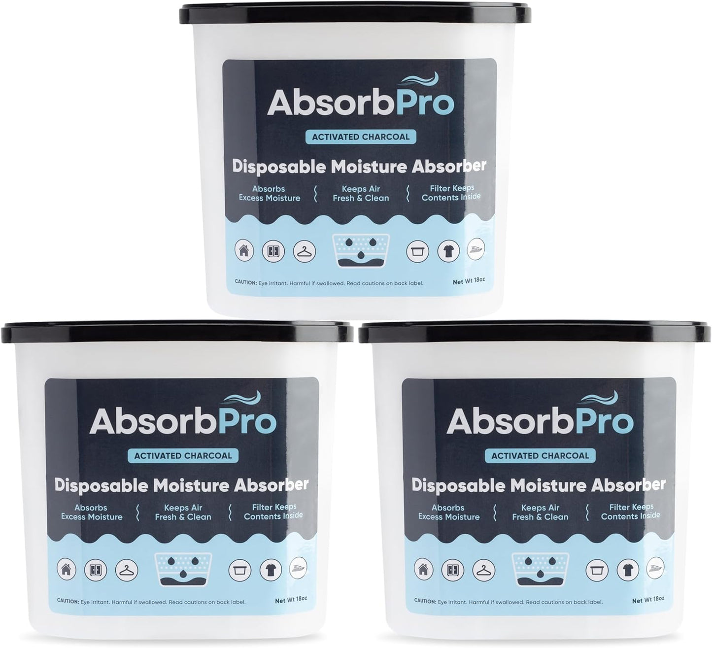 Moisture Absorber Tub with Activated Charcoal - 3-Pack - 18 oz Disposable Odor Eliminator Box & Dehumidifier for Garage, Home, Kitchen, Bedroom, Bathroom, Closet, Cars, and Boats