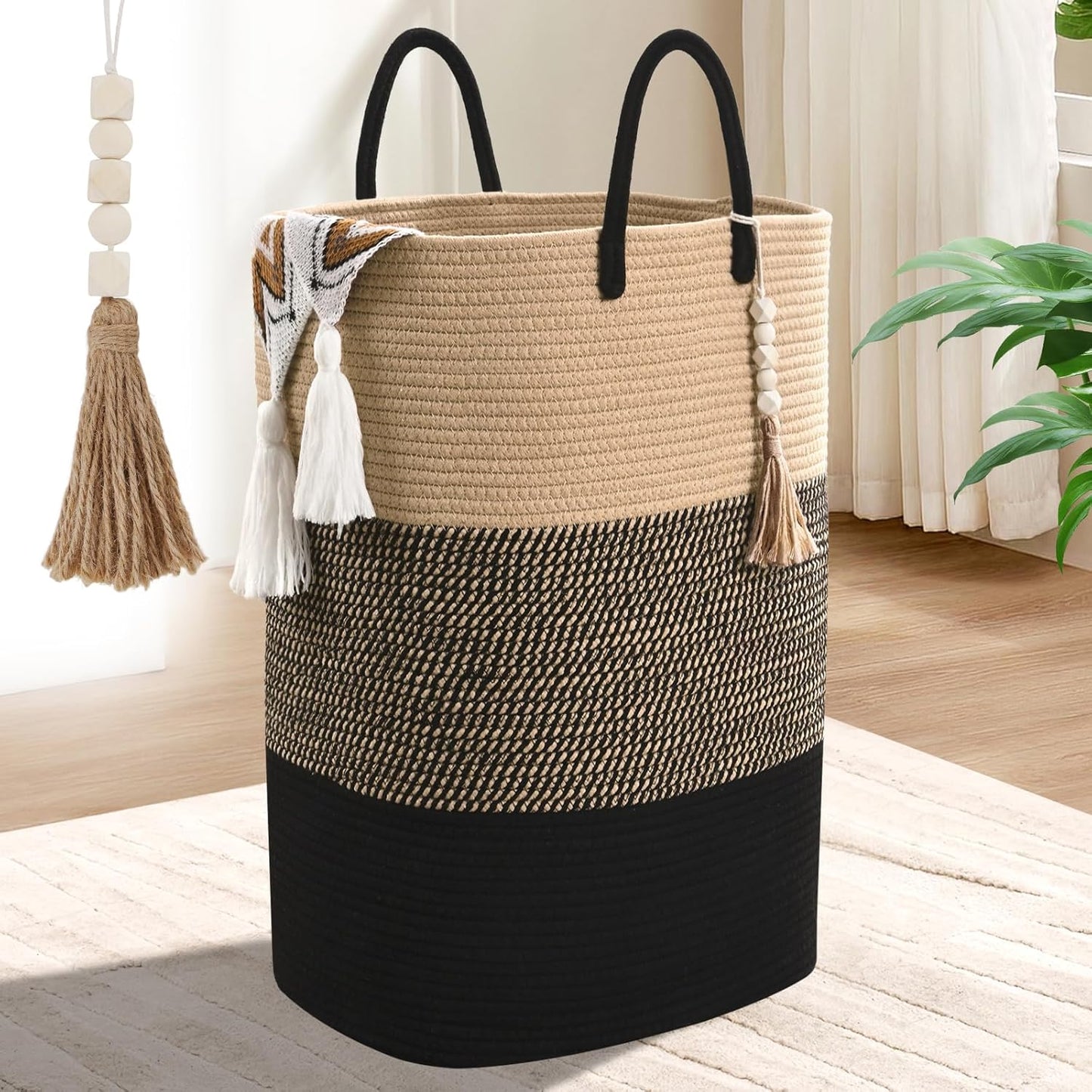Woven Laundry Basket for Clothes, 80 L Large Rectangle Laundry Hampers with Beads Tassel, Nursery Storage Basket for Toys, Tall Dirty Clothes Hamper for Bedroom Aesthetic, Laundry Room Organization