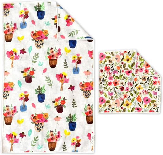 Microfiber Hand Towel & Washcloth Set of 2 - Double-Sided, Waffle Weave, Super Absorbent, Lint-Free, Fast Drying - Stars & Stripes Pattern for Bathroom, Kitchen, Car, and Window Cleaning