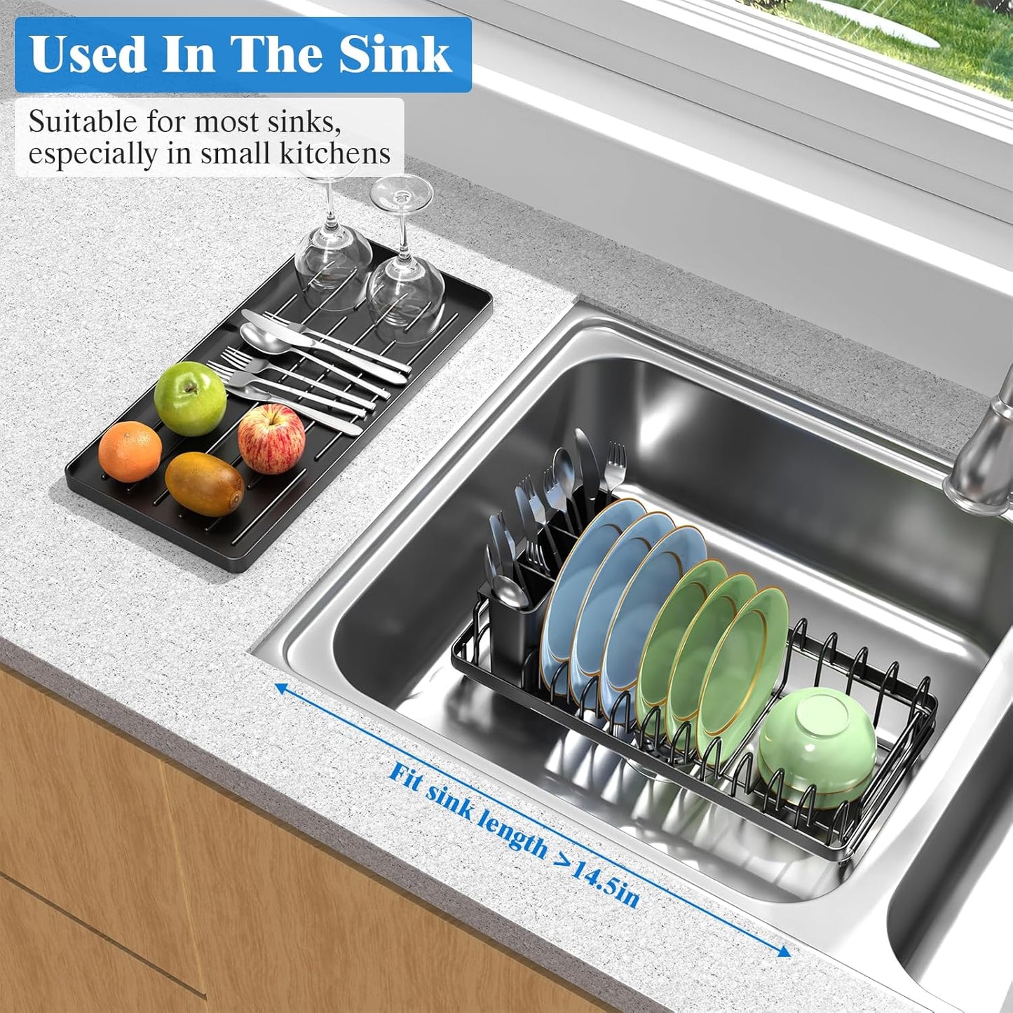 Small Dish Drying Rack Over The Sink, Compact Dish Rack with Silicone Mat for Kitchen Counter, Expandable Dish Drainers Drying Rack Used in Sink & on Countertop, Black