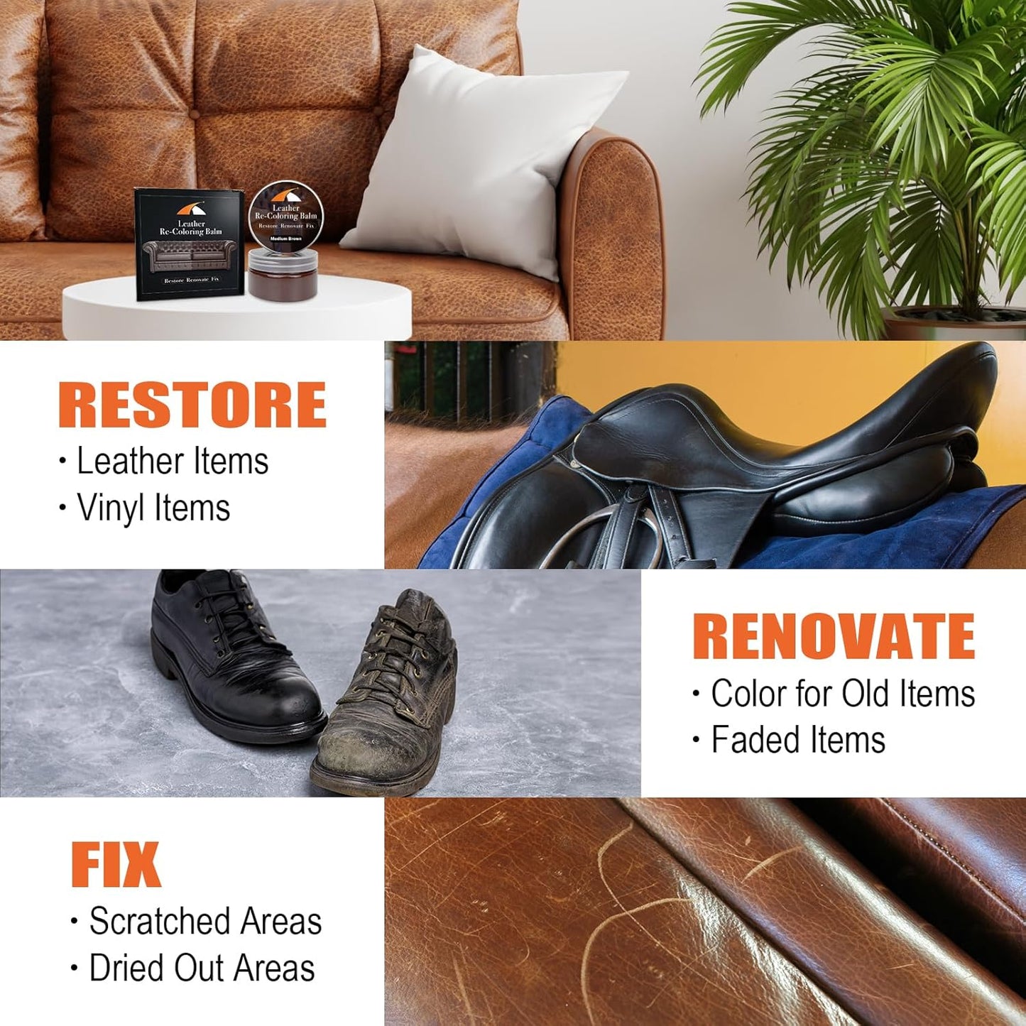 Medium Brown Leather Repair Kit - Recoloring Balm & Dye to Restore Scratches, Faded & Aged Leather & Vinyl Couches, Boots, Car Seats & Furniture