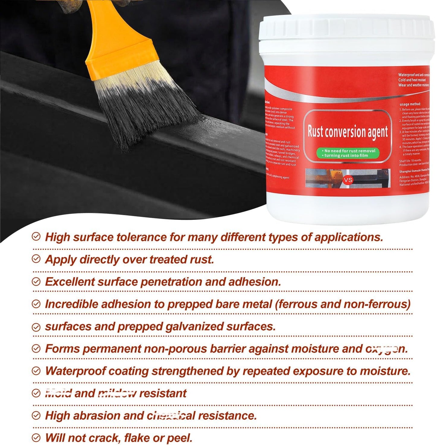 Rust Renovator,Rust Remover for Metal,Rust Converter for Metal,Water-Based Rust Remover for Metal, Rust Removal Converter Metallic Paint with Brush,Multi-Functional Anti-Rust Paint 300g(Black)