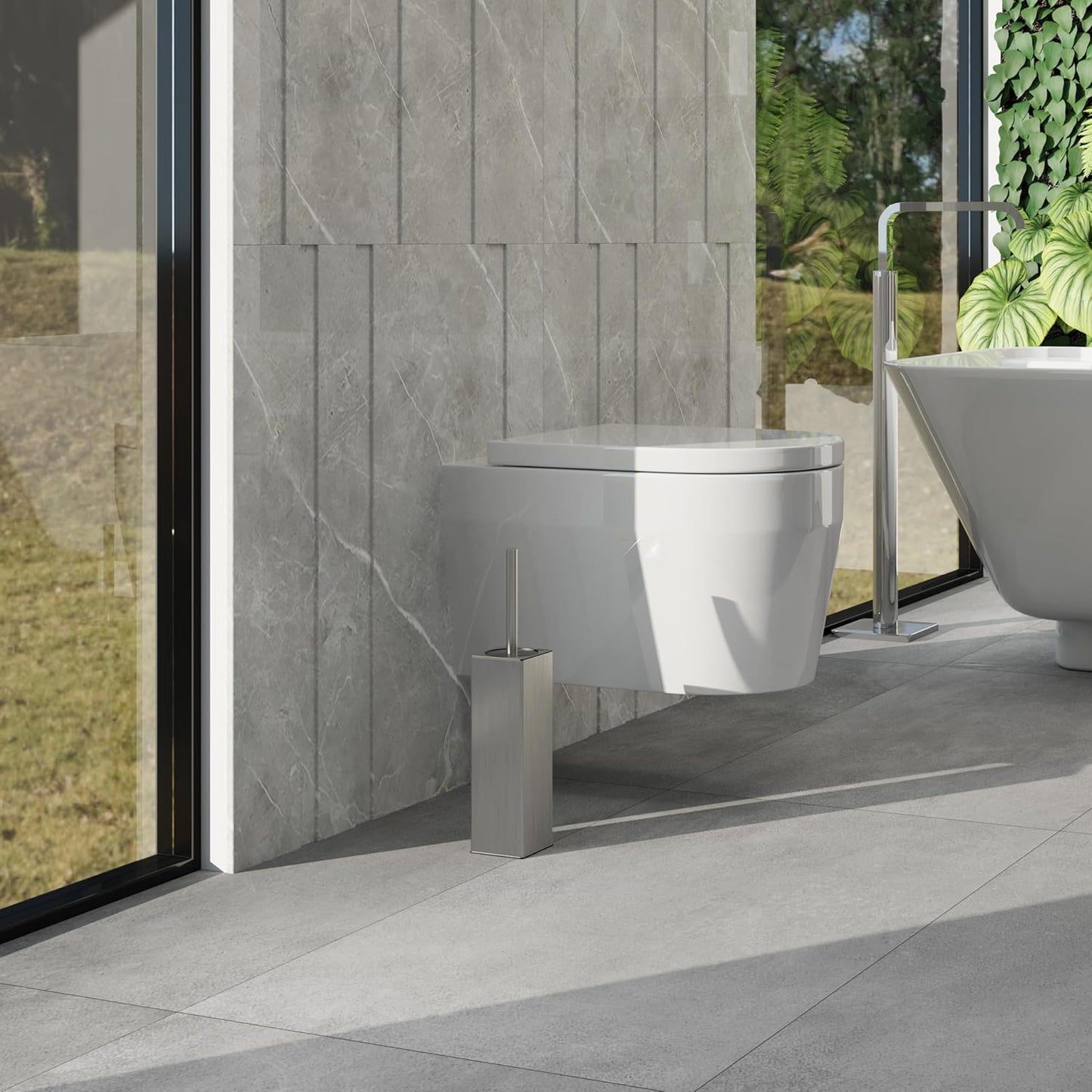 BGL Square Toilet Brush with Holder,Stainless Steel Rubber Painted Toilet Bowl Brush and Holder for Bathroom,2 Cleaner Brush Heads,Brushed Nickel