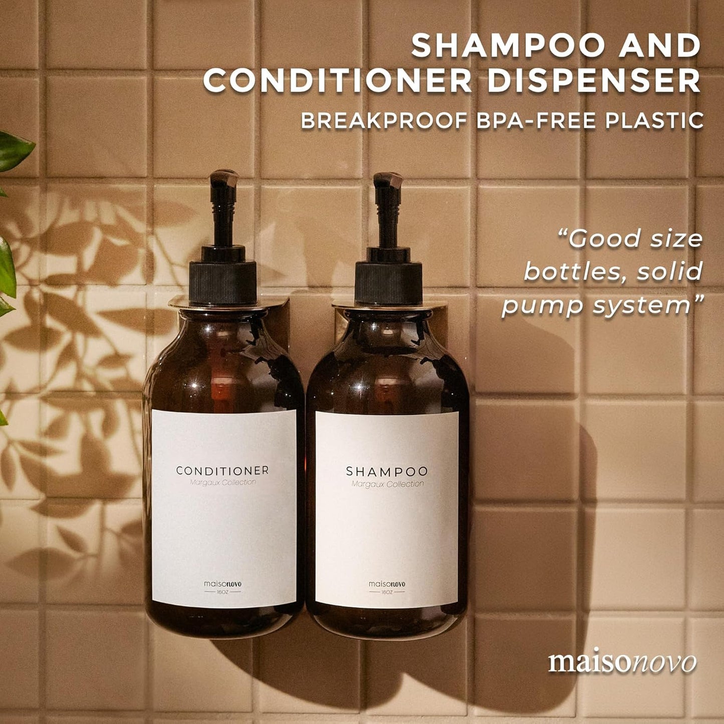 MaisoNovo Shampoo and Conditioner Dispenser - Shower Soap Dispenser Wall Mounted - 16.9 fl oz Set of 2 Amber Plastic Bottles Black Pump - 2 Chamber No Drill