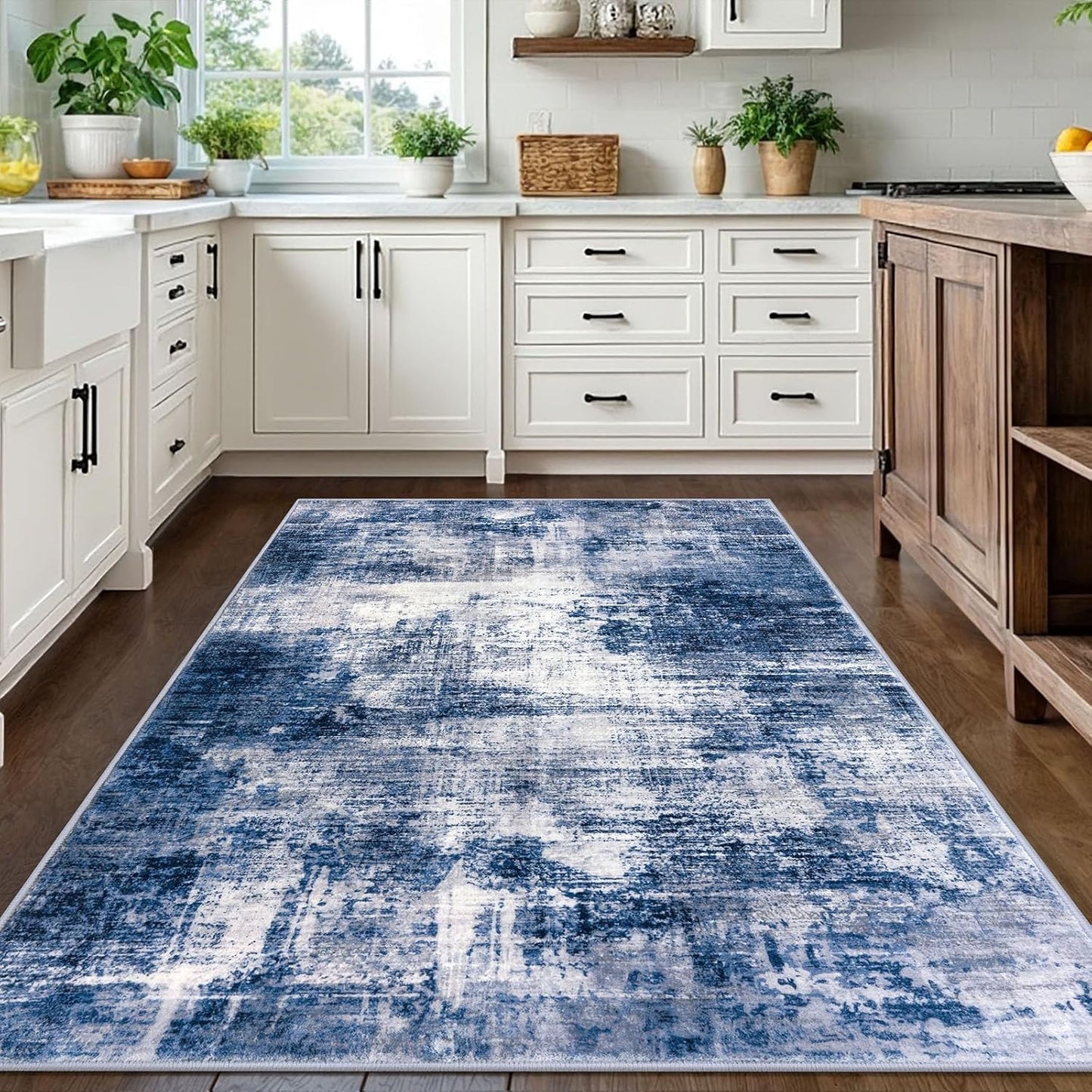 IOHOUZE Abstract Area Rugs 5x7 Ft Washable Rugs for Living Room, Non Slip Dining Room Rug, Printed Faux Wool Rugs for Bedroom, Floor Carpet for Kitchen Nursery Playroom, Navy/Grey