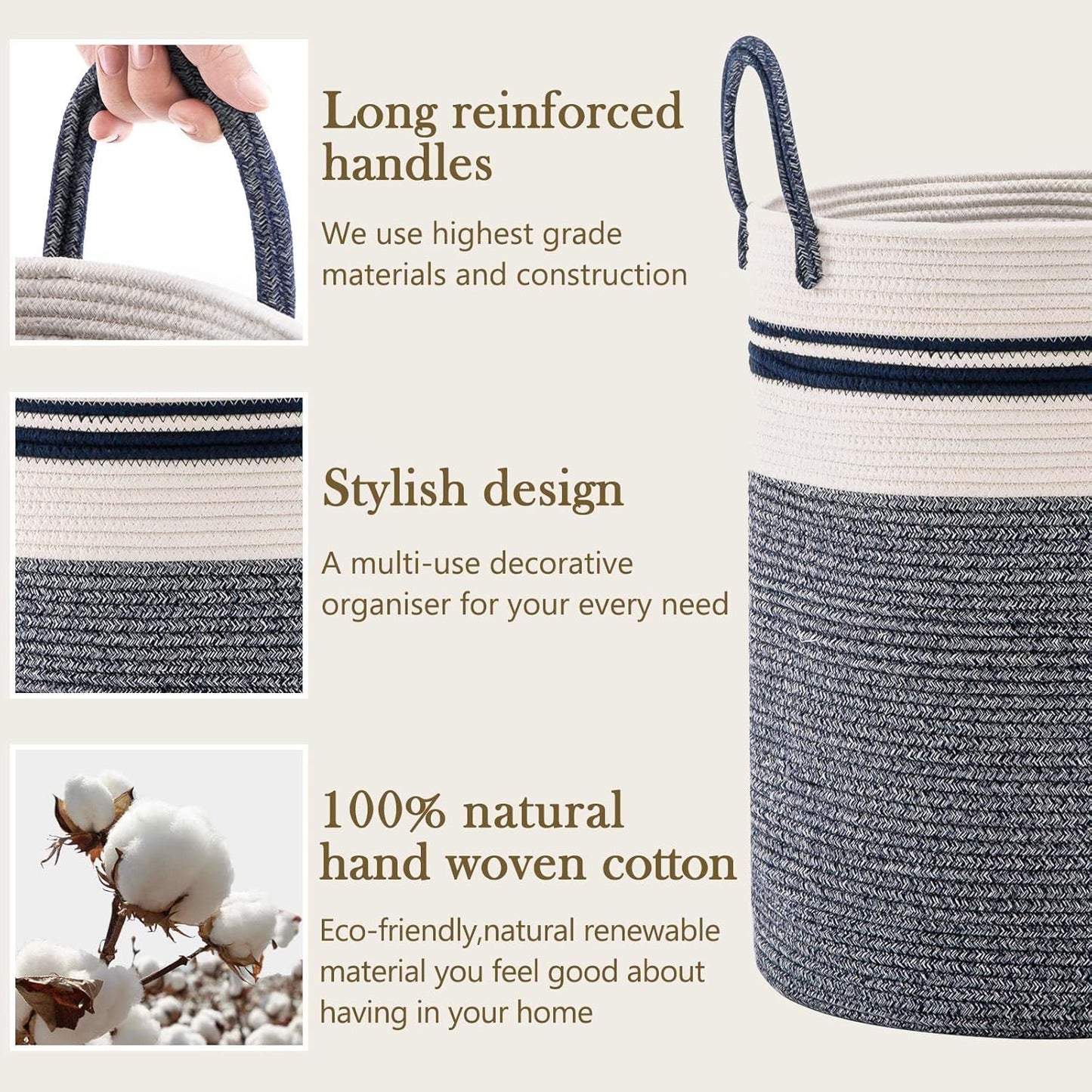 YOUDENOVA Woven Rope Laundry Hamper Basket, 72L Tall Laundry Basket, Baby Nursery Hamper for Blanket Storage in Bedroom-Large-Blue