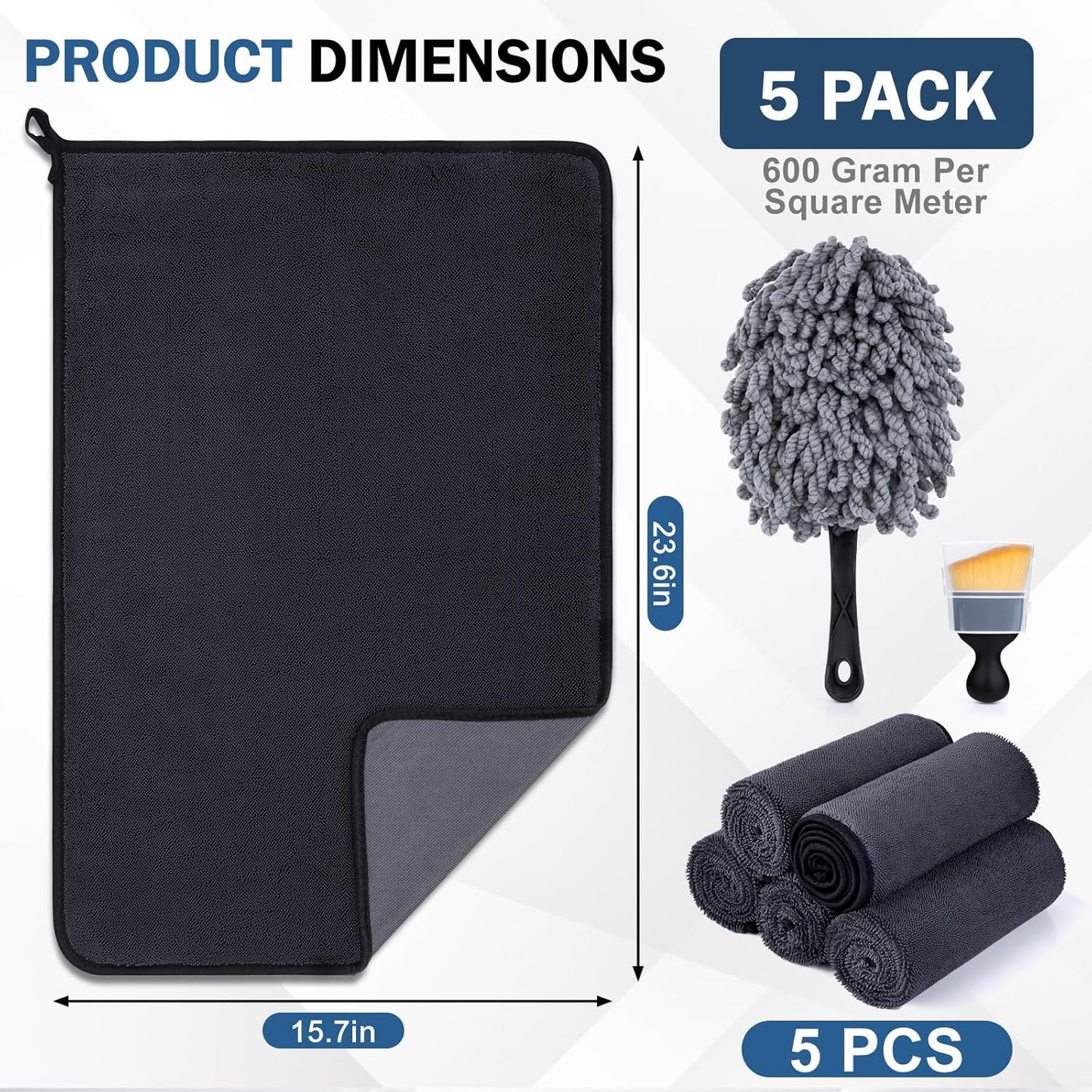 Navona 5-Pack 600GSM Professional Microfiber Car Drying Towels - Ultra Absorbent, Scratch-Free, Lint-Free (23.6" x 15.7") for Auto Detailing & Car Wash and Household Use.