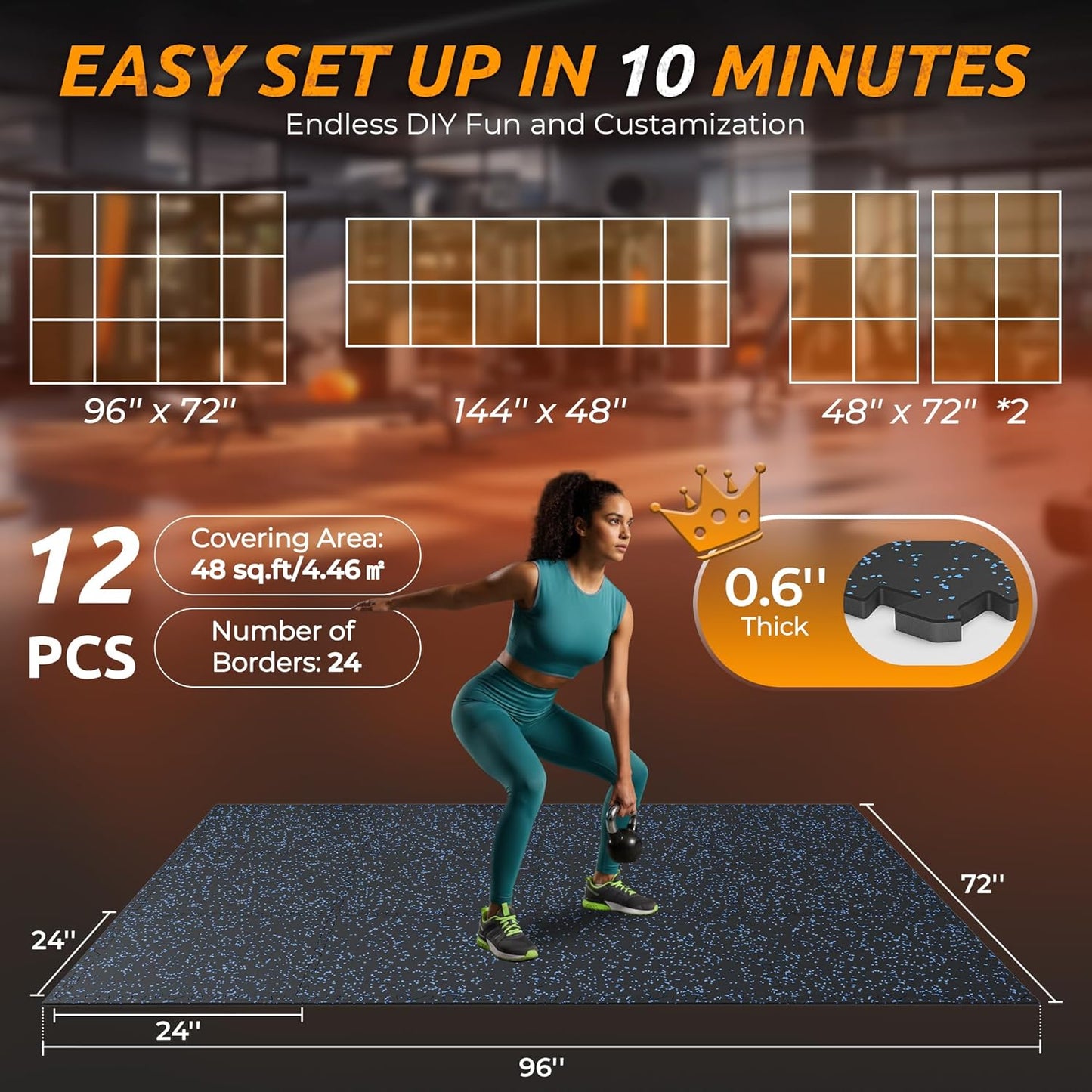 PRAISUN 0.6" Thicker Gym Mat, 12 Tiles 48 Sq Ft Workout Mats, Interlocking Foam Tiles with Rubber Top, High Density EVA Foam, Exercise Mat, Gym Flooring for Home Gym, Garage, 24 x 24in, Black/Blue