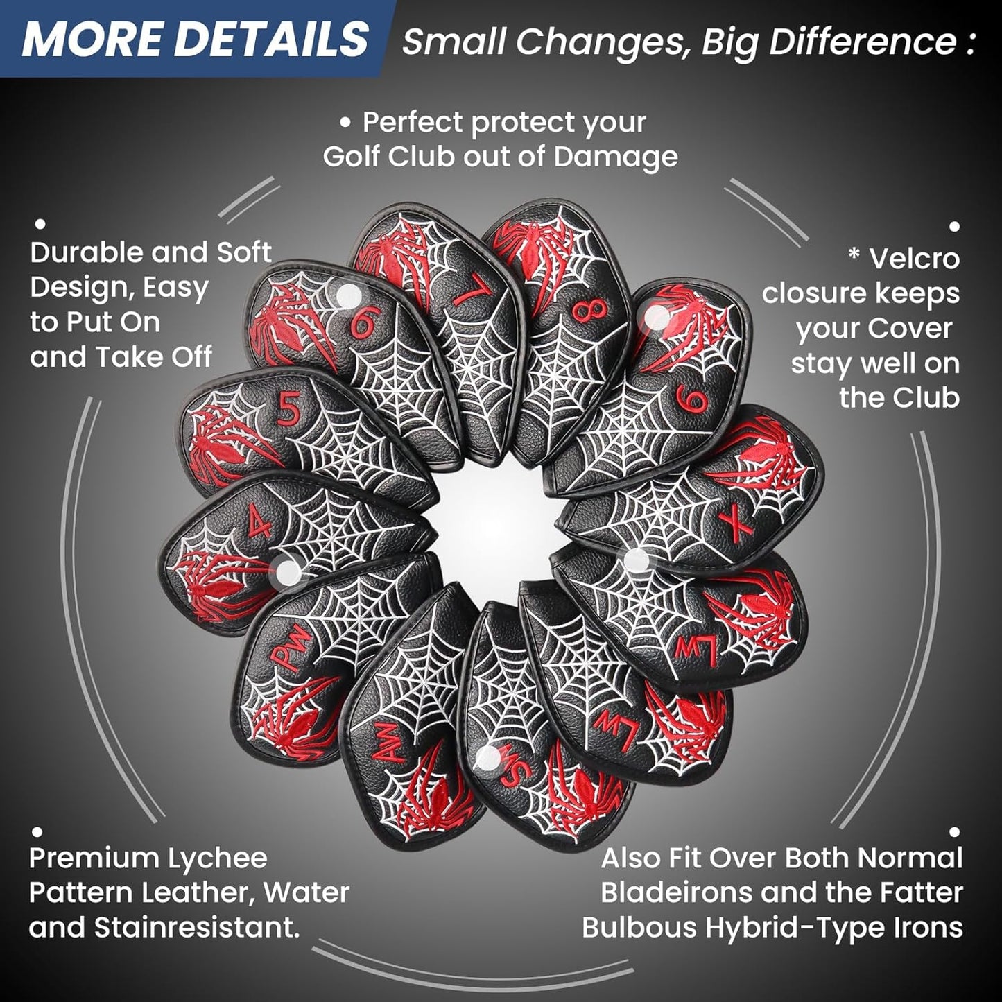 FINGER TEN Premium Synthetic Leather Stylish Iron & Wedge Golf Head Covers Value 12 Piece Set, Embroidered Labels & Fits Most Clubs Gift Set, Travel Protection Accessories