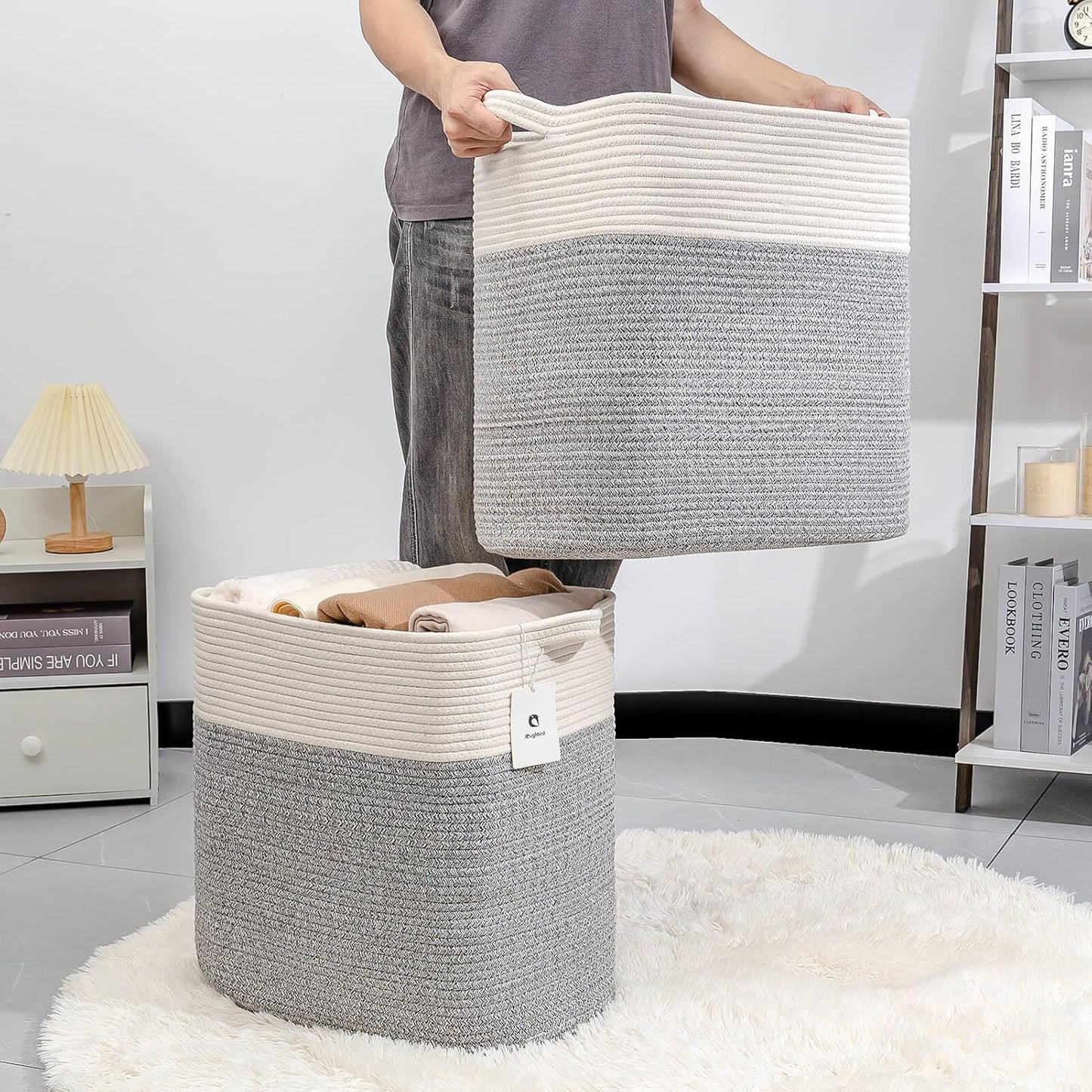 Storage Baskets for Clothes Fabric Cotton Rope Storage Basket with Handles, Decorative Woven Basket for Living Room,Closet Organizer Blankets, and 2bags (Silver Gray, L14×W11×H14)