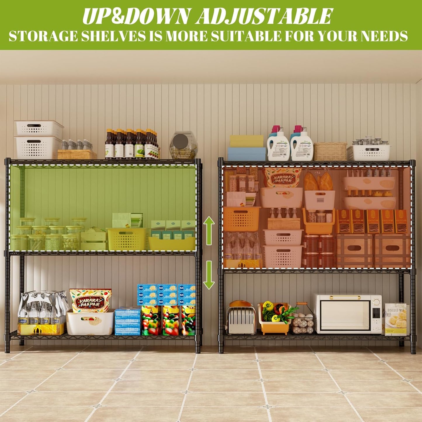Storage Shelves, 2 PCS 48" L x 20" W x 47" H Heavy Duty Garage Wire Shelving Unit Loads 1200LBS, 3-Tier Adjustable Metal Industrial Utility Shelf Rack for Kitchen, Laundry Room, Basement