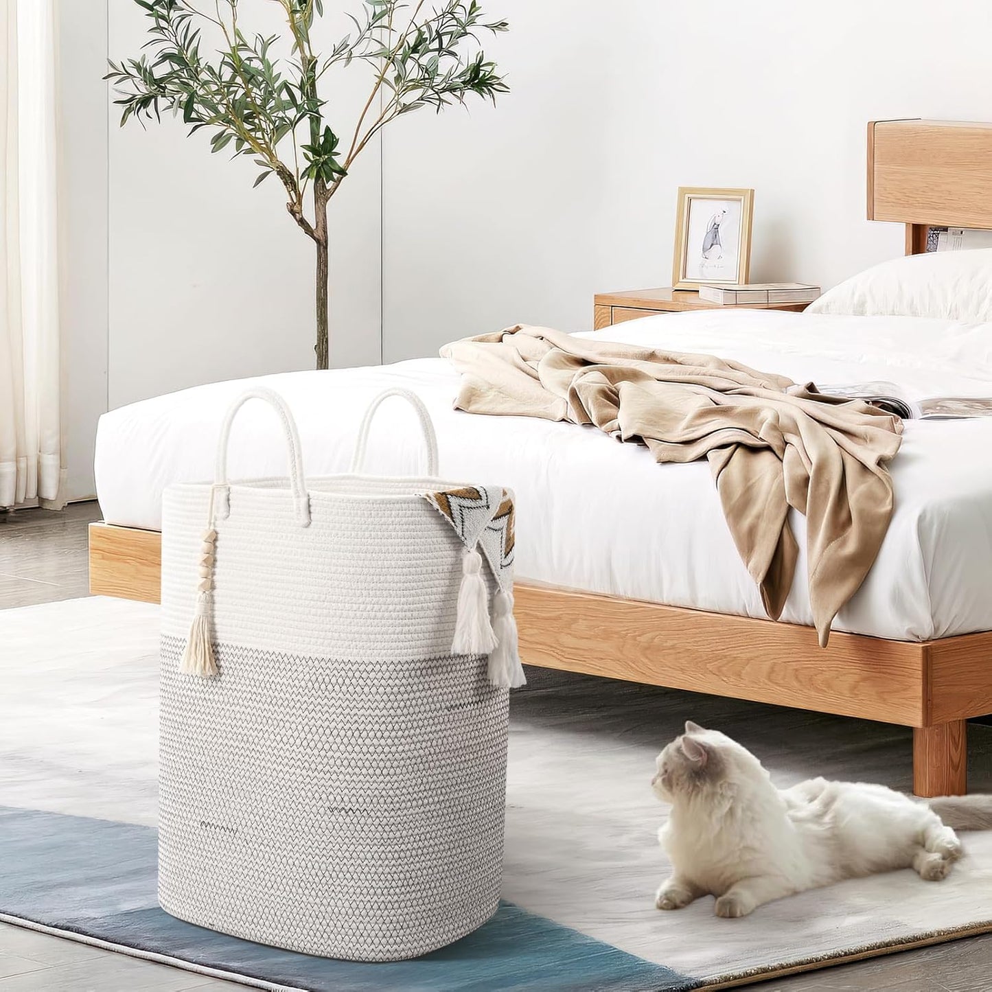 Woven Laundry Basket for Clothes, 100 L Large Rectangle Laundry Hampers with Beads Tassel, Nursery Storage Basket for Toys, Tall Dirty Clothes Hamper for Bedroom Aesthetic, Laundry Room Organization