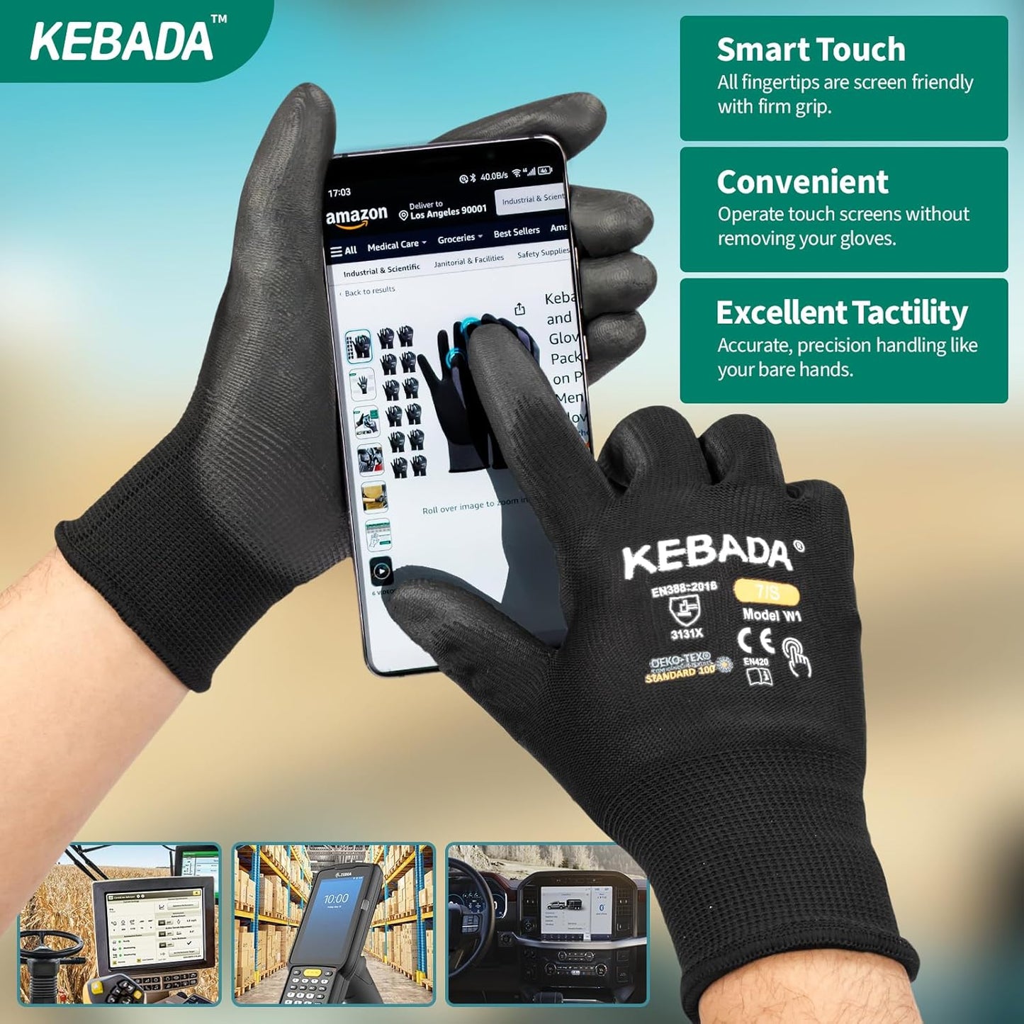 Kebada W1 Safety Work Gloves, PU Coated Touch Screen Work Gloves with Grip, Bulk Pack Working Gloves for Warehouse, Construction, Gardening and Mechanic Use, Black, 50 Pairs, Large