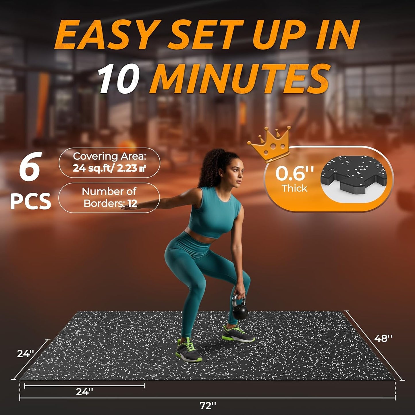 PRAISUN 0.6" Thicker Gym Mat, 6 Tiles 24 Sq Ft Workout Mats, Interlocking Foam Tiles with Rubber Top, High Density EVA Foam, Exercise Mat, Gym Flooring for Home Gym, Garage, 24 x 24in, Black/Grey