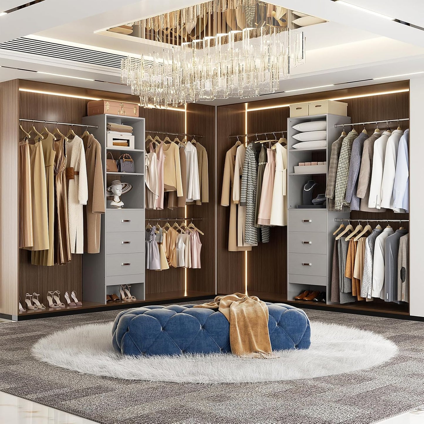 96'' Closet Organizer System with 3 Hanging Rods (Without 3 Storage Shelves), 8FT Closet Systems, Wall Mount Bedroom Wardrobe with 3 Wood Drawers, Adjustable Garment Rack from 5 to 8FT, Grey