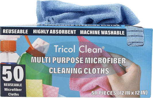 Tricol Clean Profesional Resuable Lint Free Microfiber Edgeless Cleaning Cloth 50PK Cleaning Rags,Absorbent Microfiber Wipes in Dispenser Box for Housekeeping, Car Cleaning (12 * 12 Inches) (blue1)