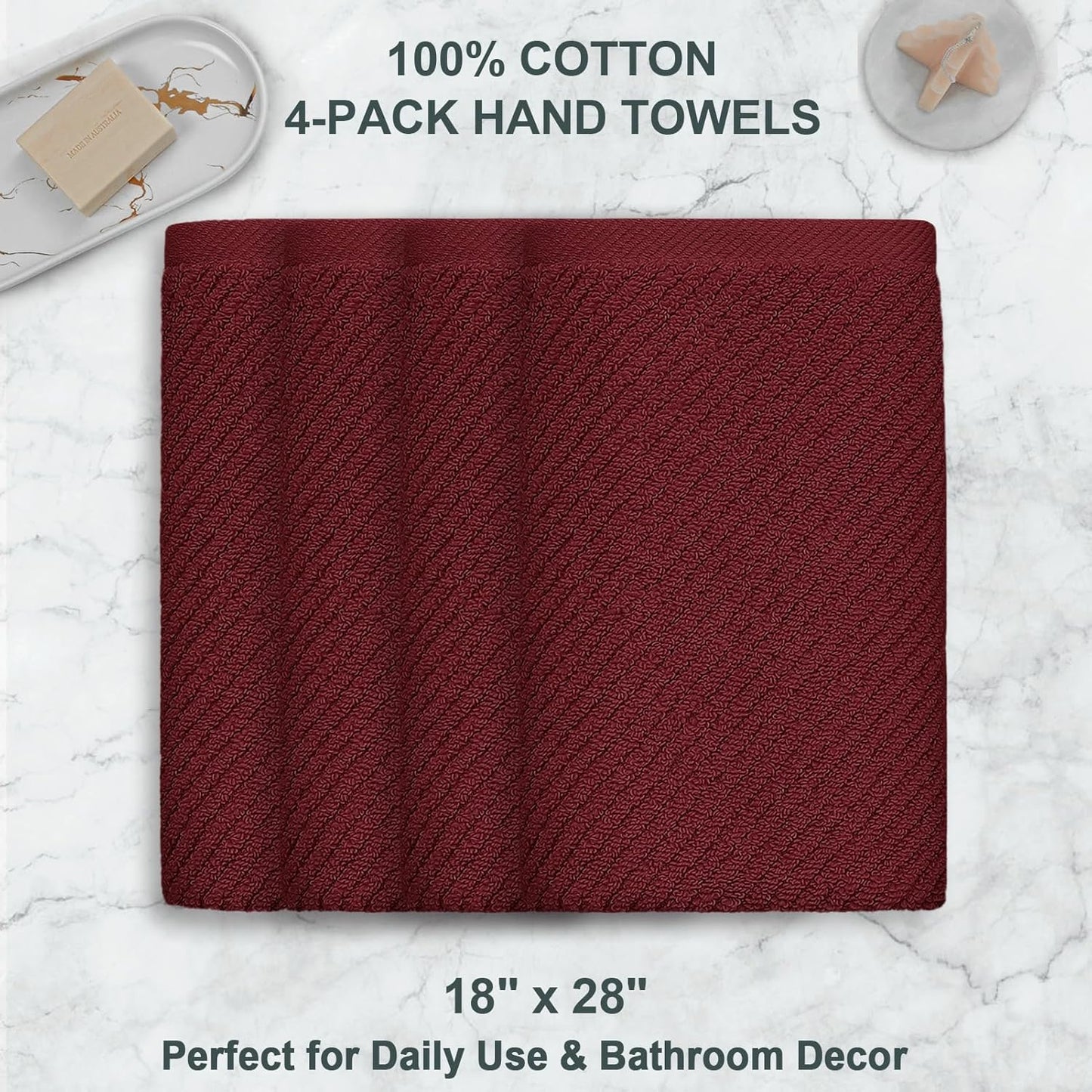 VOOVA & MOVAS Hand Towels for Bathroom Set of 4, Large 18" x 28" - 100% Cotton | Lightweight | Thick | Quick Dry | Soft | Absorbent, Bath Hand Towels for Showering, Bathroom Essentials, Burgundy Red