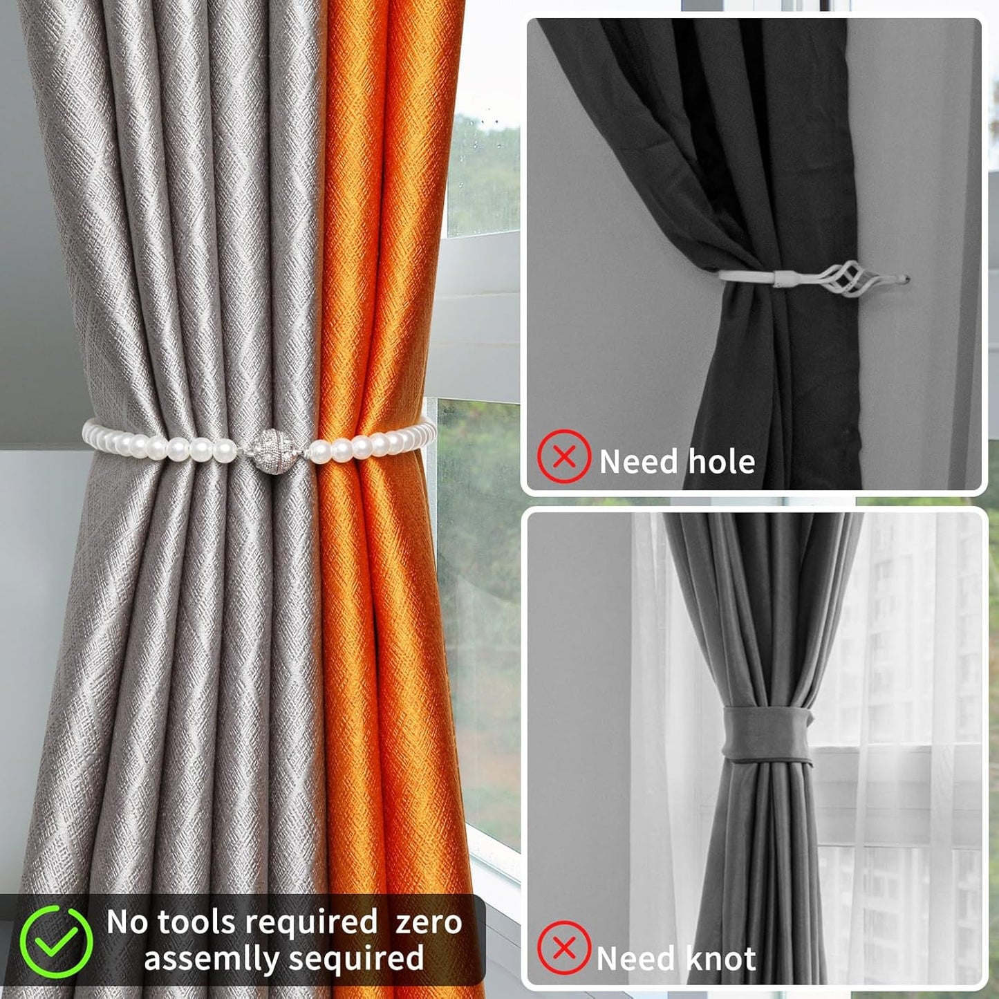 Magnetic Tiebacks for Curtains, 2 Pack Bow Pearl Curtain tiebacks Curtain Buckle Clips with High-Elastic Spring Wire,Curtain Holders for Wall,Drapery tiebacks,Curtain Ties (2pcs Bow)