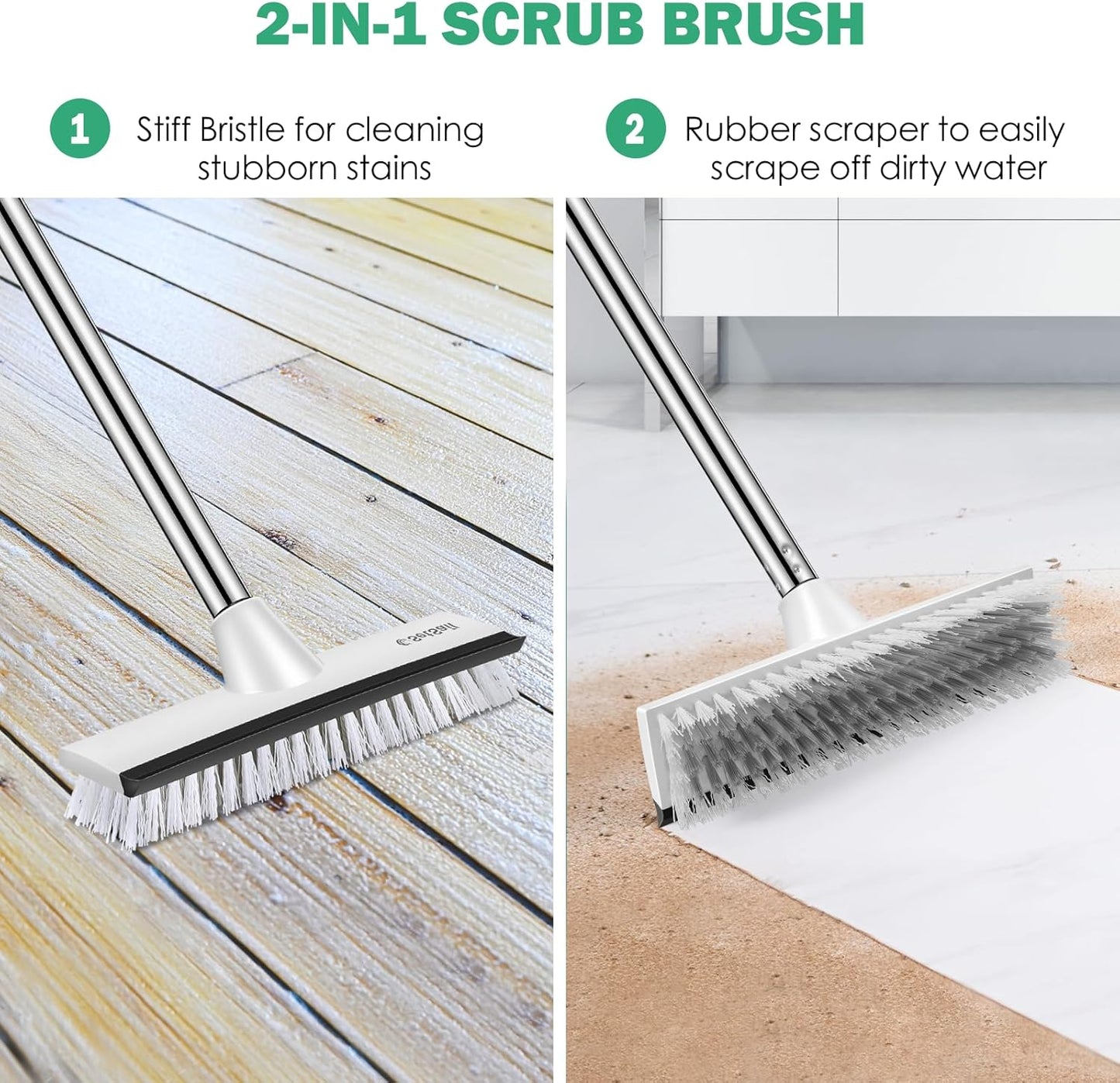 SetSail Floor Scrub Brush with 51-Inch Long Adjustable Handle 2 in 1 Scrape Brush Stiff Bristle Floor Scrubber for Cleaning Shower Bathroom Garage Kitchen Wall Deck Tub Tile, 2 Pack